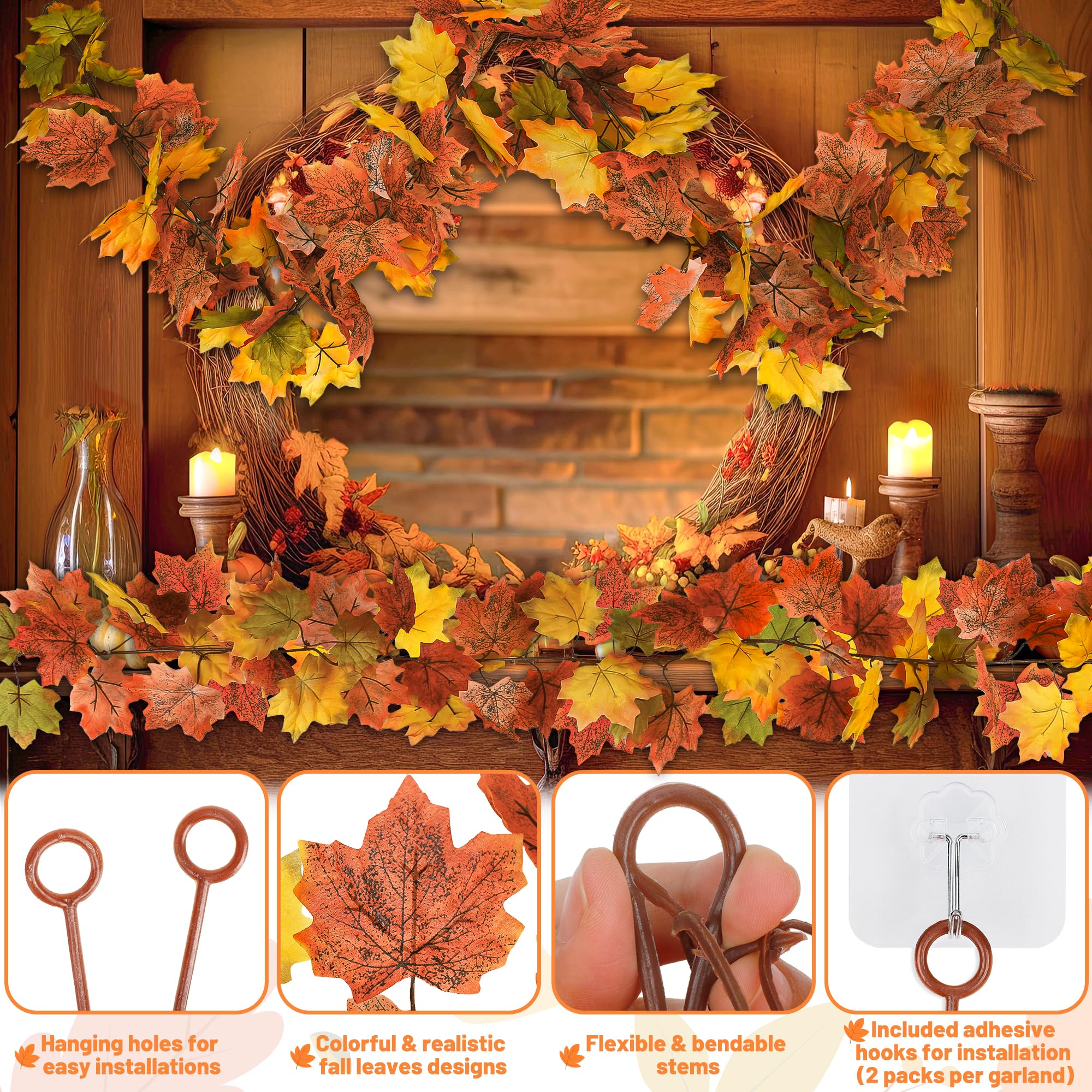 Helimoto Herbstgirlande, Herbstgirlande, 24 Haken, künstliche hängende Herbstdekorationen für Zuhause für Herbst, Erntedankfest, Hochzeit, Party, Kamin, Mantel, Wand, Outdoor-Dekorationen, 12 Stück