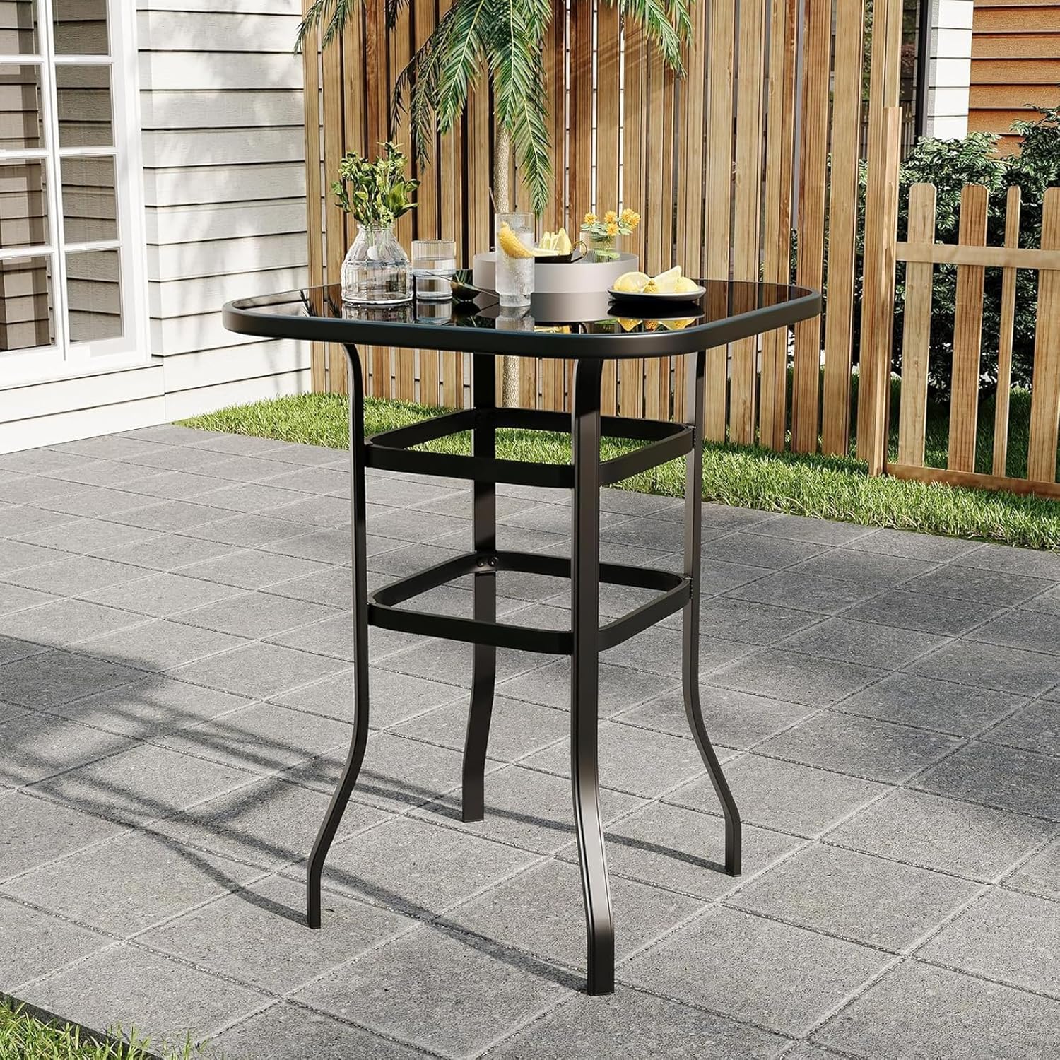 Outdoor Bar Table, Square Patio Table Tempered Glass, Outdoor Bistro Tables for Hot Tub, Balcony, Garden, Patio, Poolside, Lawn, Backyard