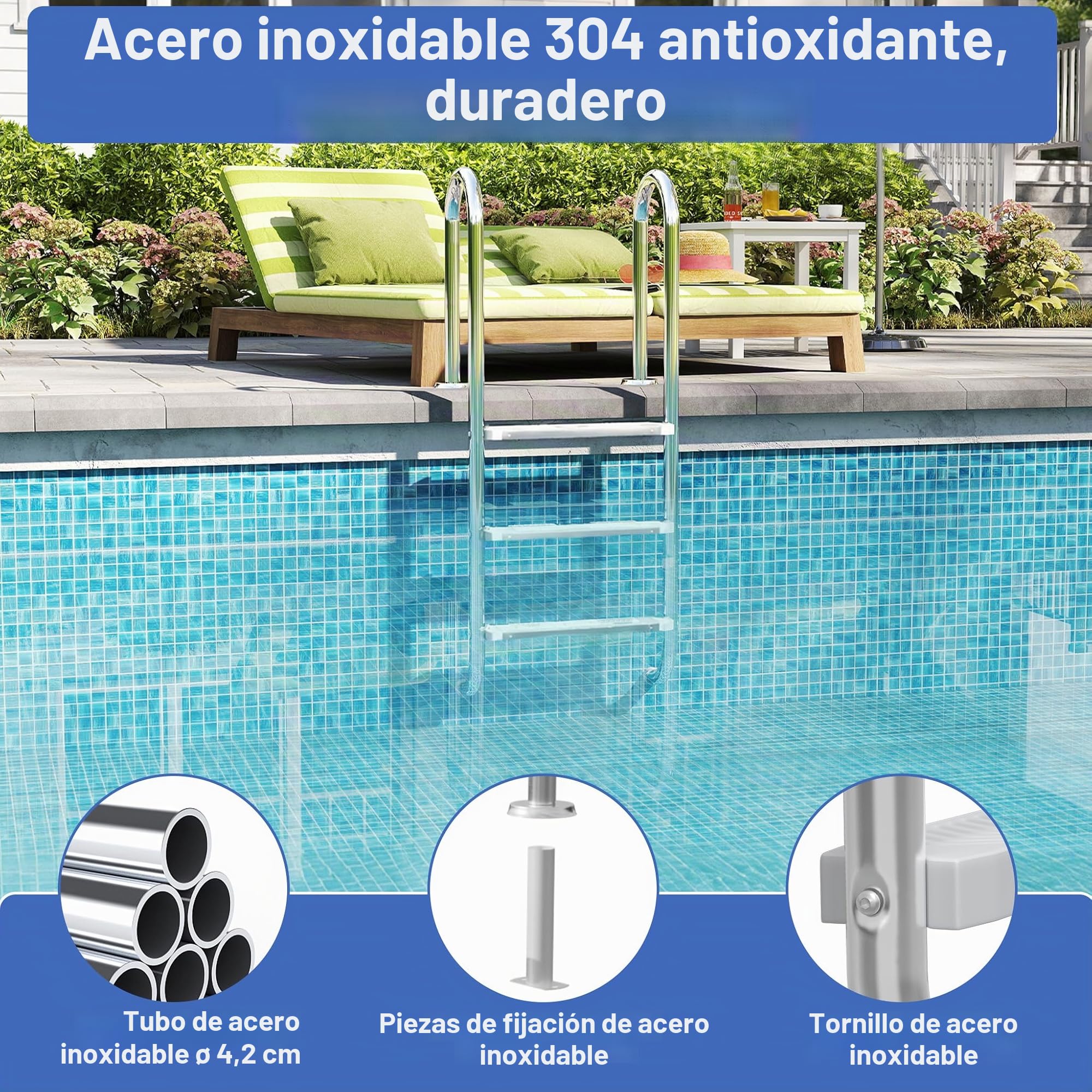 Froadp - Escalera de piscina de acero inoxidable con 4 peldaños antideslizantes, 157 x 54 x 26,5 cm, carga máxima: 150 kg, color plateado