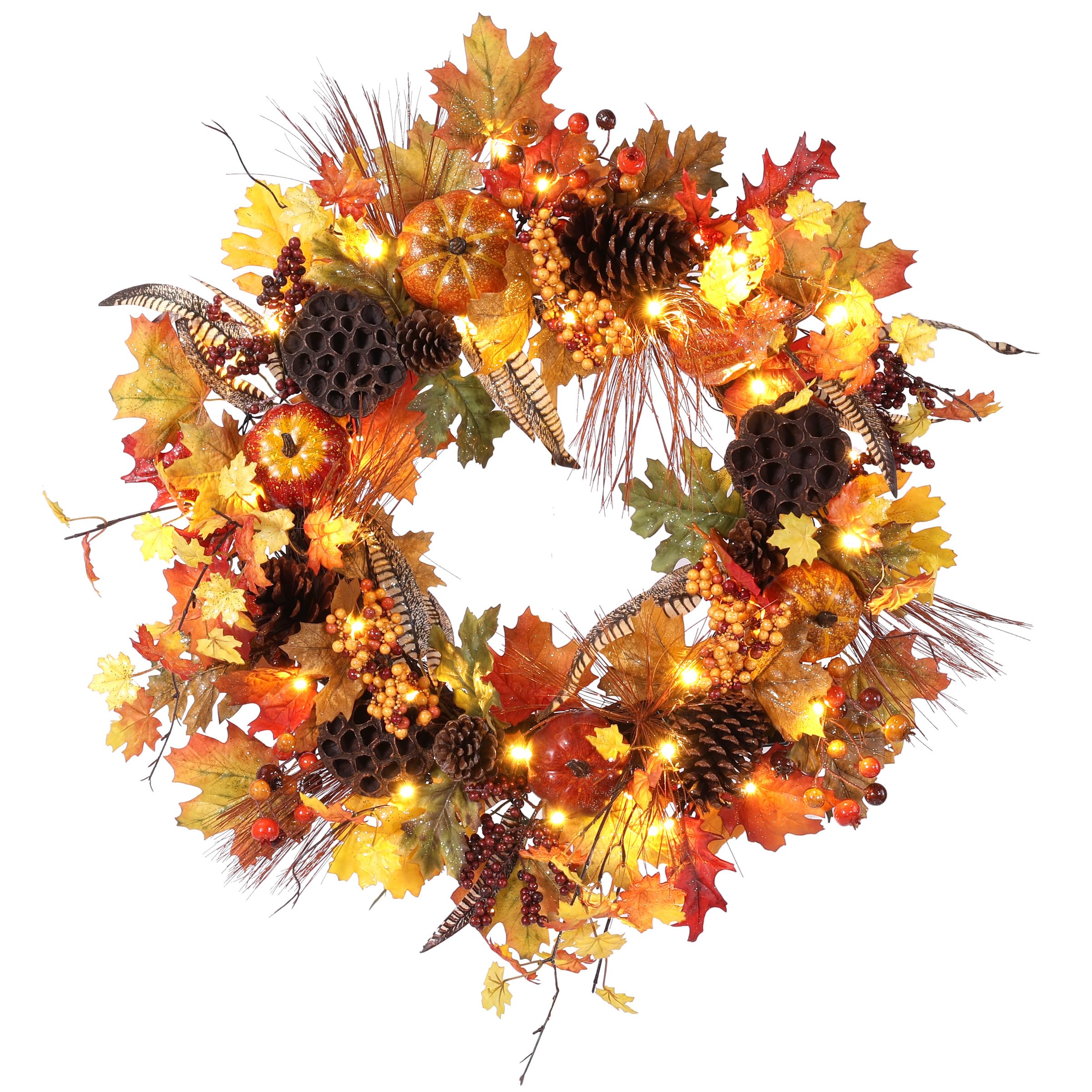 Proaustin 28" D Pre-Lit Fall Autumn Harvest Artificial Pumpkin Mix Wreath