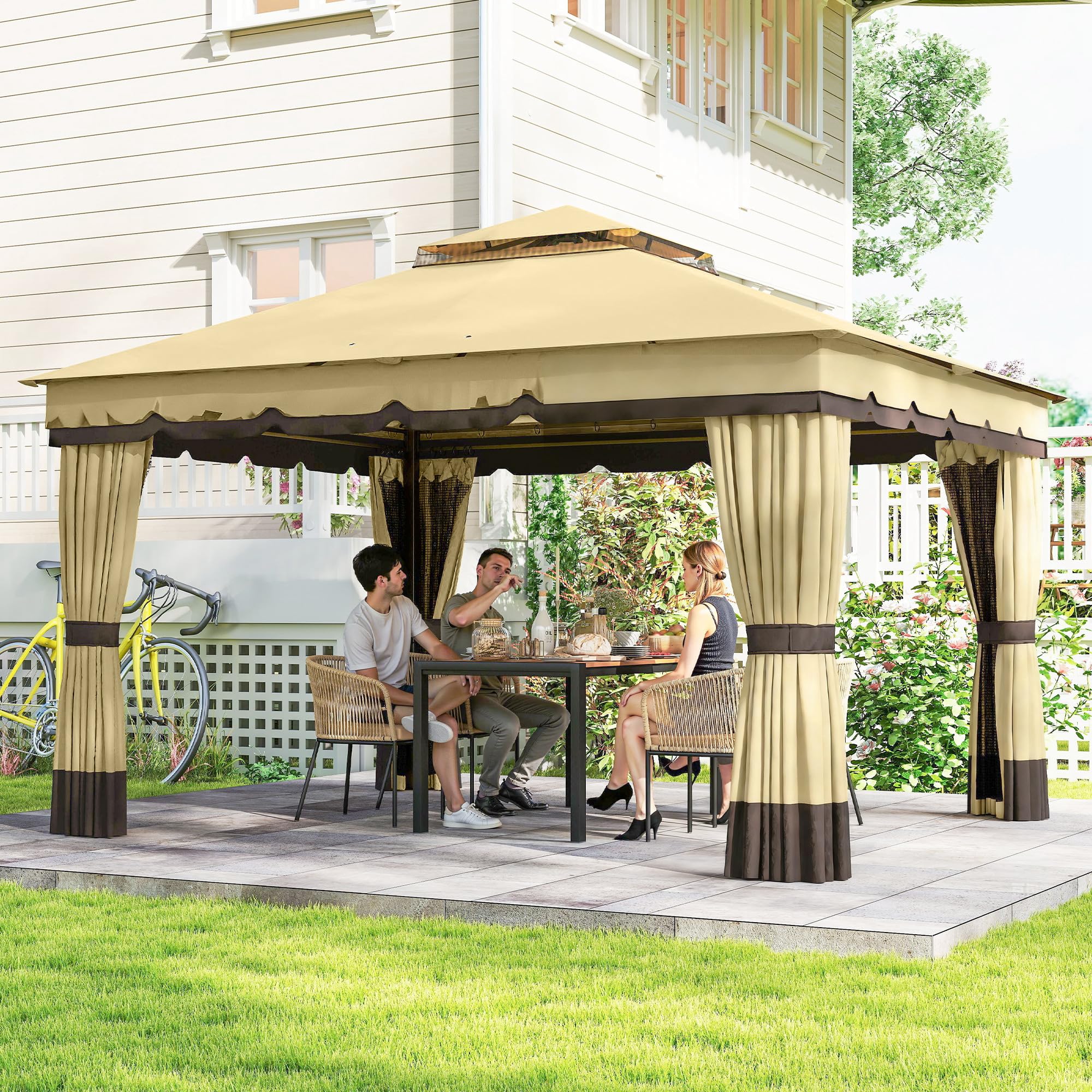Outsunny Cenador de Jardín 3,7x3 m, Pabellón de Jardín Gazebo con Doble Techo, 4 Cortinas y Mosquitera, Marco de Acero, Orificios de Drenaje, UV30+, para Exterior, Terraza, Patio, Beige