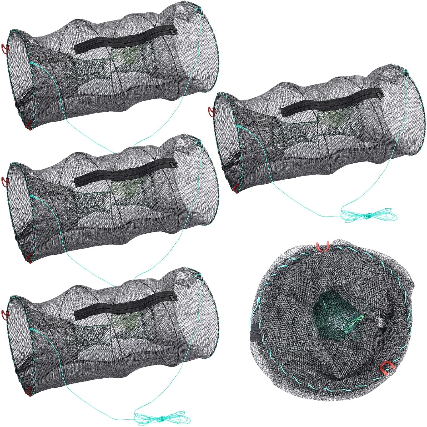 4 Packs Heavy Duty Collapsible Crawfish Traps 11.81 x 11.81 x 23.62 Inches Foldable Fishing Bait Trap for Shrimp, Minnow, Lobster, Crab Mesh with Zippered Bait Bag