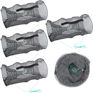 4 Packs Heavy Duty Collapsible Crawfish Traps 11.81 x 11.81 x 23.62 Inches Foldable Fishing Bait Trap for Shrimp, Minnow, Lobster, Crab Mesh with Zippered Bait Bag