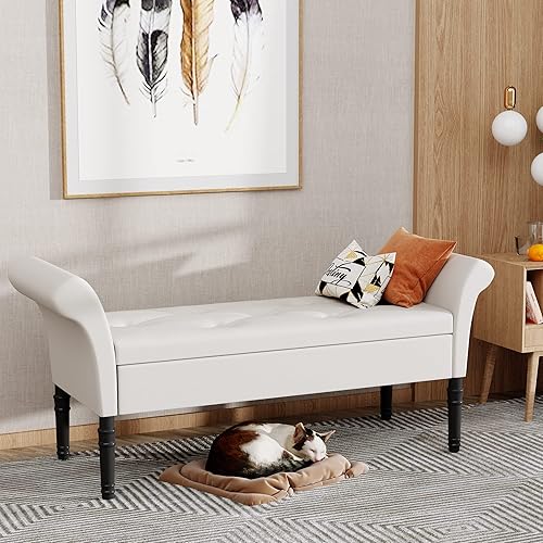 Miniatura 8 de Alunaune Banco otomano de almacenamiento tapizado juego de banco de entrada reposapiés de gamuza sintética con brazos para dormitorio sala de estar