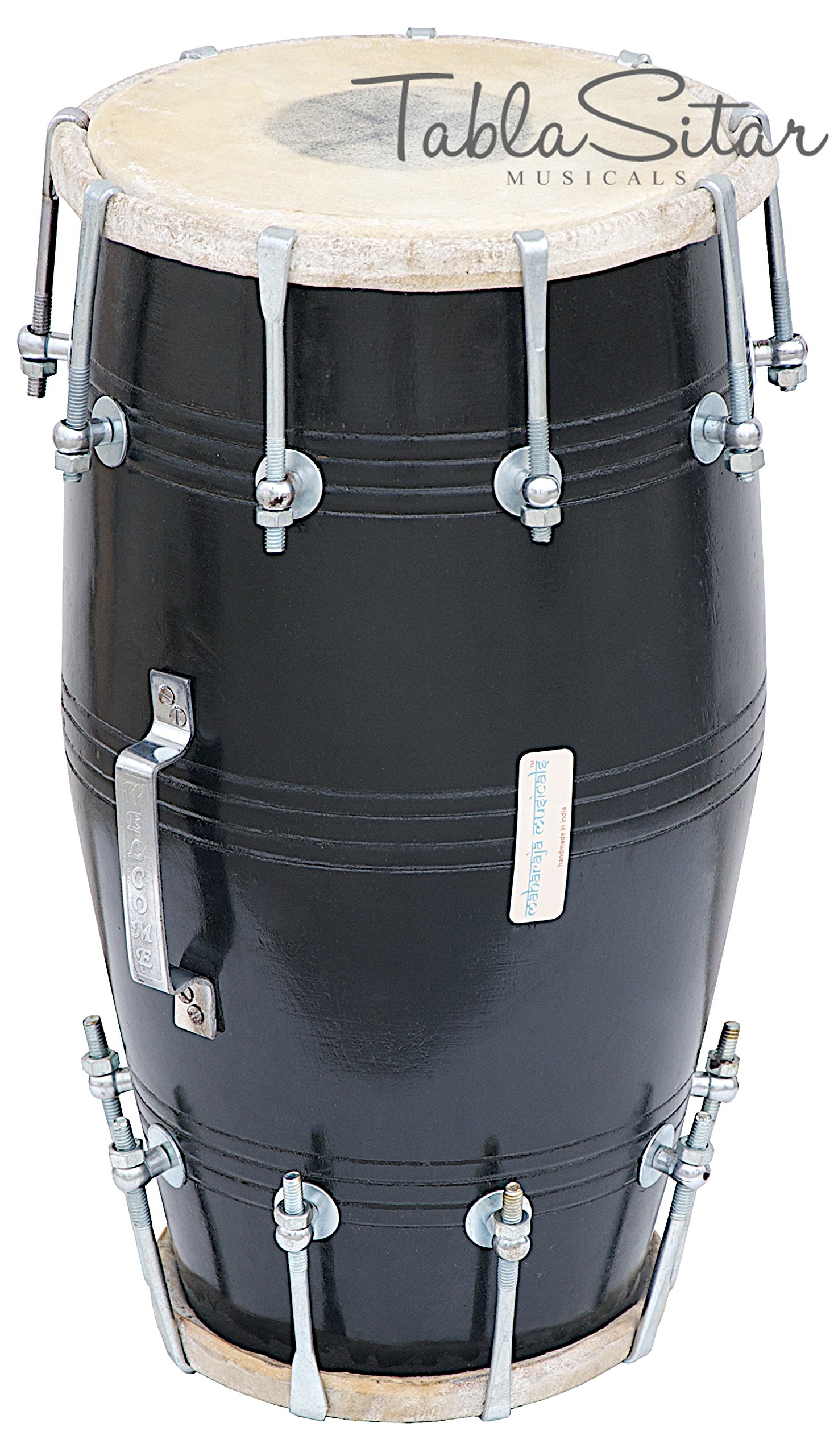 MAHARAJA Black Dholak (Dholki), drewno mango, przykręcane, z torbą, klucz do strojenia (PDI-FJ)