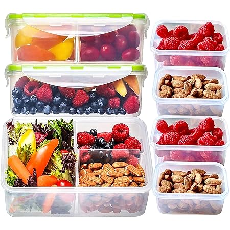 Bento Box Lunch Box and Stackable Snack Containers Set (7 Pack: 3 x 39oz + 2 x 17oz + 2 x 6oz) - Divided Bento Lunch Box for Kids, Bento Boxes for Adults, Small Food Containers with lids, Plastic