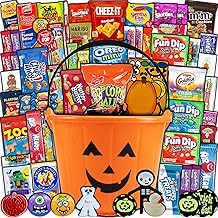 Halloween Candy Pumpkin Bucket Gift (50ct) Snacks Box Basket Candies Kids Children Adults Cookies Food Variety Pack Bundle Mixed Bulk Sampler Girls Boys Guys Men Women Boyfriend Girlfriend College Student