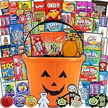 Halloween Pumpkin Candy Bucket Gift (50ct) Already Filled Treats for Kids Adults Pumpkin Spooky Basket Snacks Cookies Variety Pack Care Package Women Mixed Bulk Sampler Children Boys Girls College Students