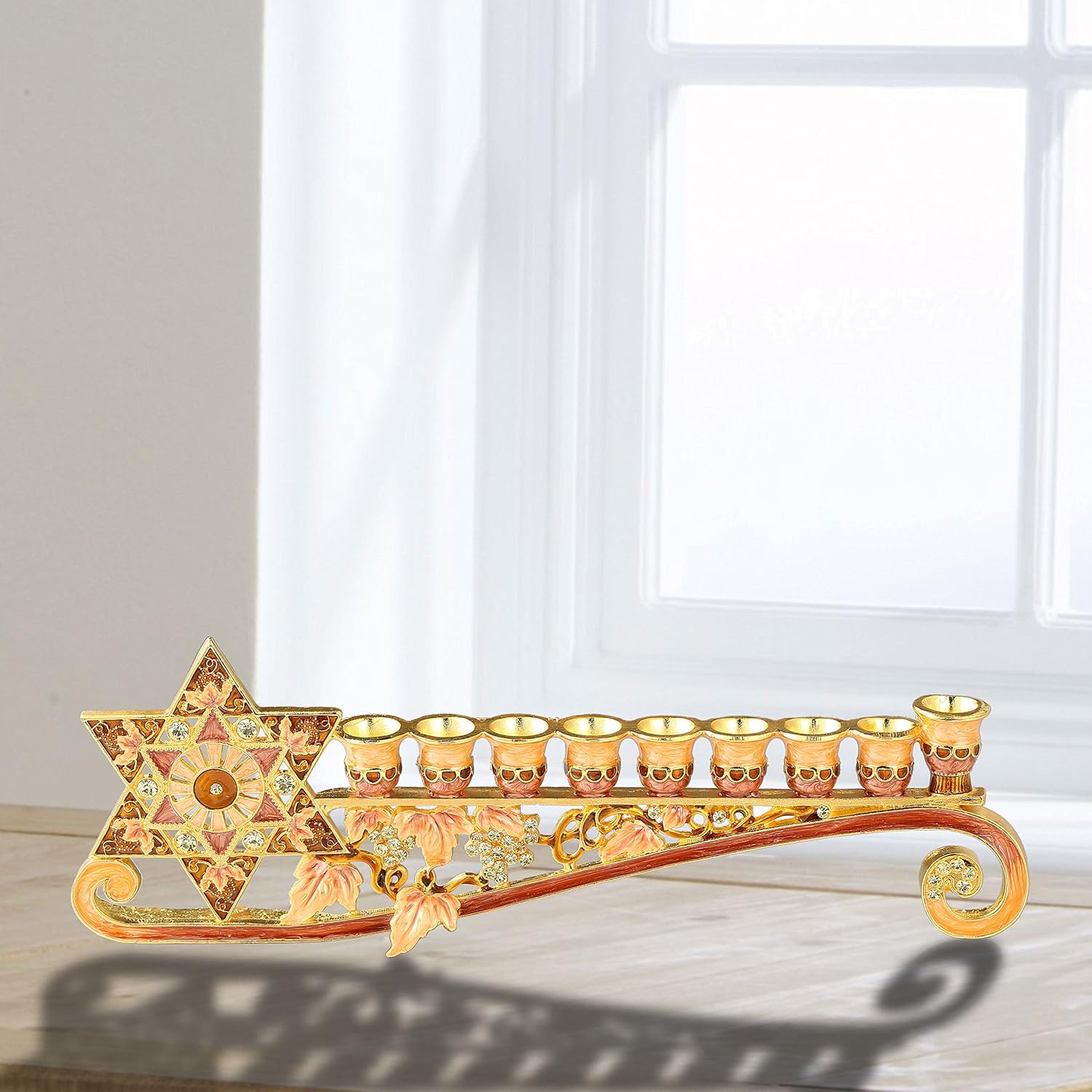 Matashi 9.25 Inch Long Hand Painted Enamel Menorah Candelabra Embellished with a Star of David Design and Embellished with Gold Accents Crystals