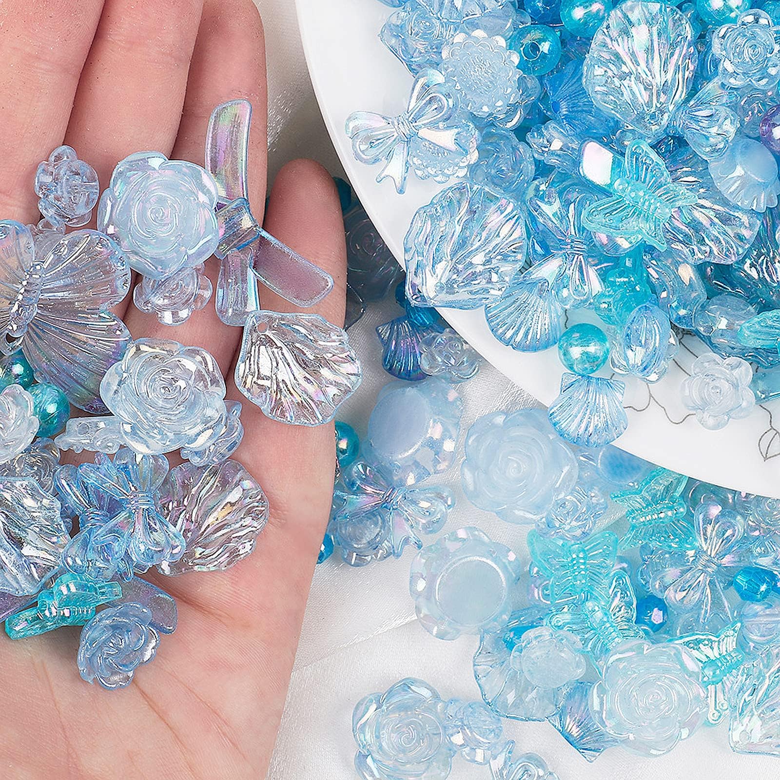120Pcs Assorted Acrylic Beads Blue Flower Butterfly Bows Star Shell Beads AB Color Plastic Loose Beads Cute Round Beads Bulk for Bracelets Jewelry Making Necklaces DIY Crafts