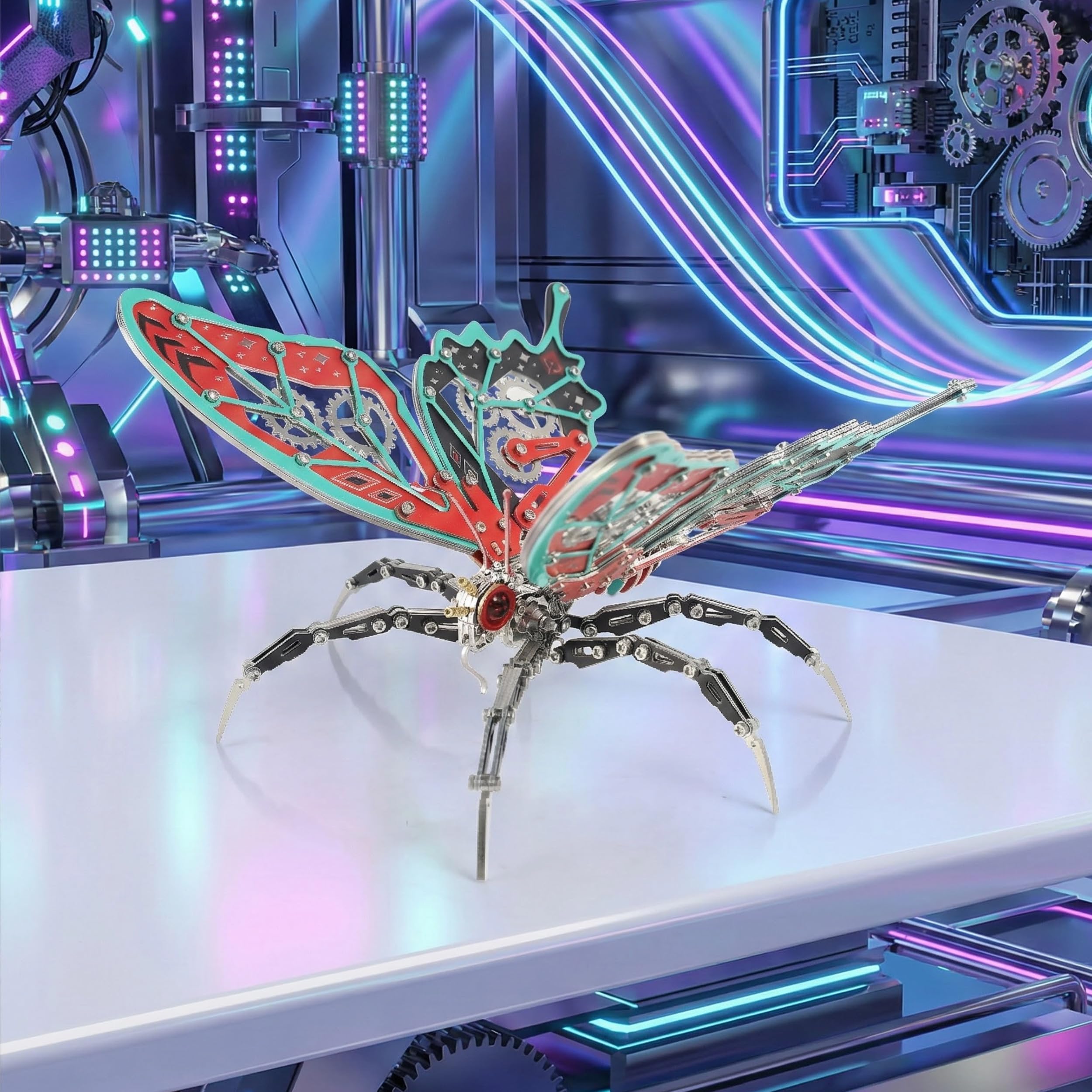 Mechanisches Metall-Schmetterlings-3D-Puzzlemodell für Erwachsene, Steampunk-Insekten-Bausatz mit Werkzeug, STEM-Puzzle Roter Traum-Schmetterling, Cooles Ausstellungsmodell