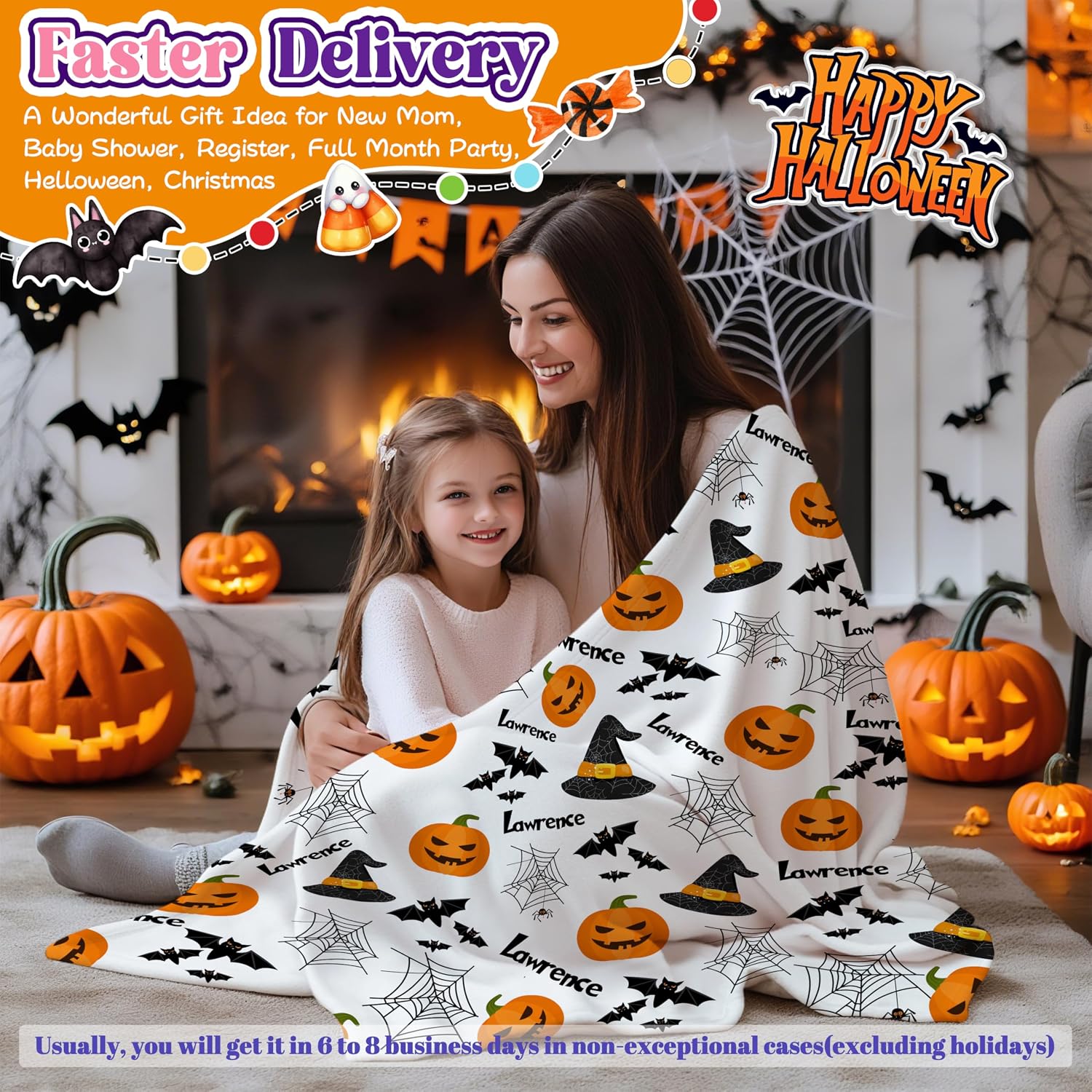 Halloween Pumpkin Custom Blanket with Name Customized Baby Gift Blanket Custom Witch Magic Hat Blankets for Boy Girl Soft Warm Throw Blankets for Women Men Toddler Infant Stroller Crib Halloween Decor