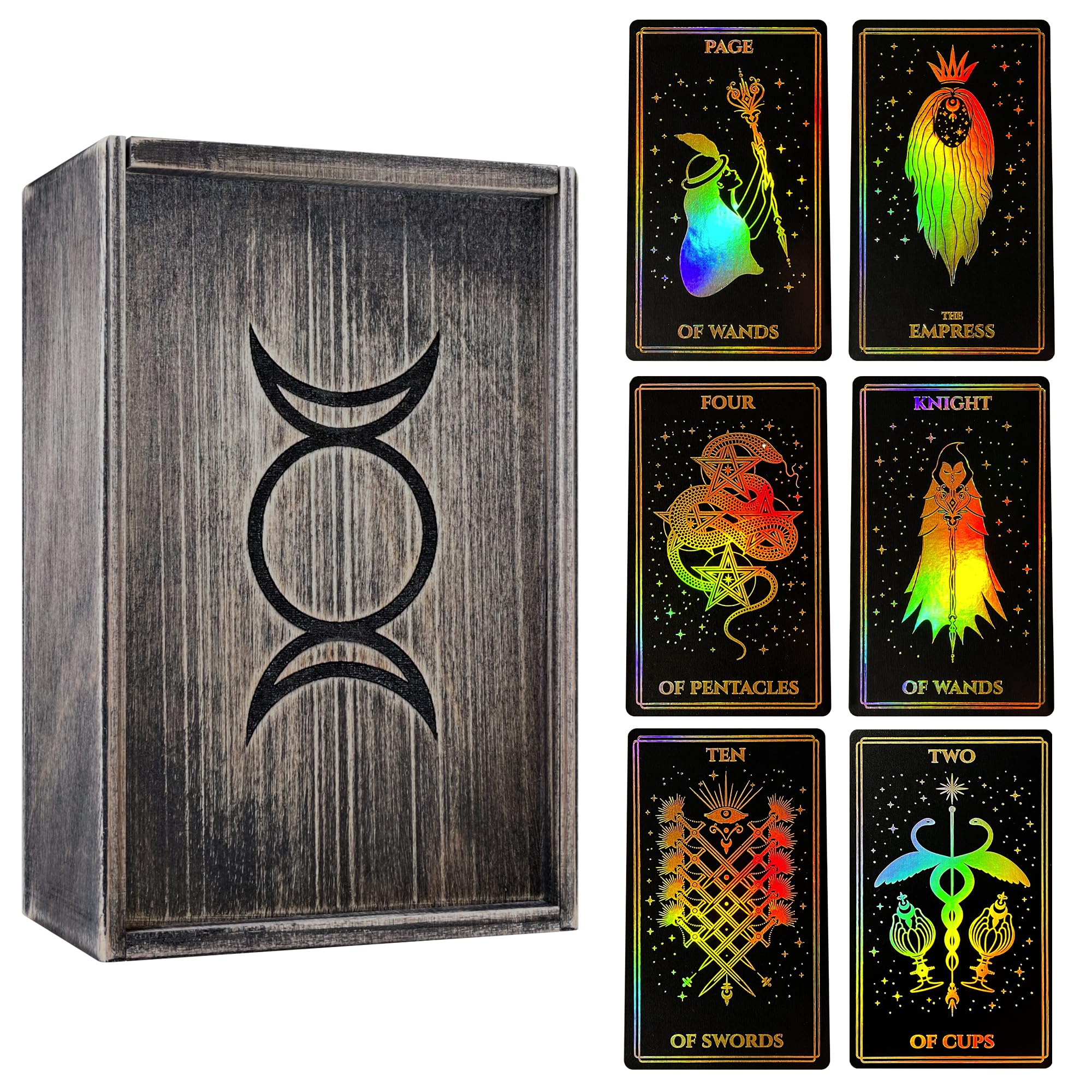 CRAFTERIAN Set of Black Mistyc Minimalistic Tarot Cards with Dark Wooden Box. Rainbow Foil Tarot Cards.