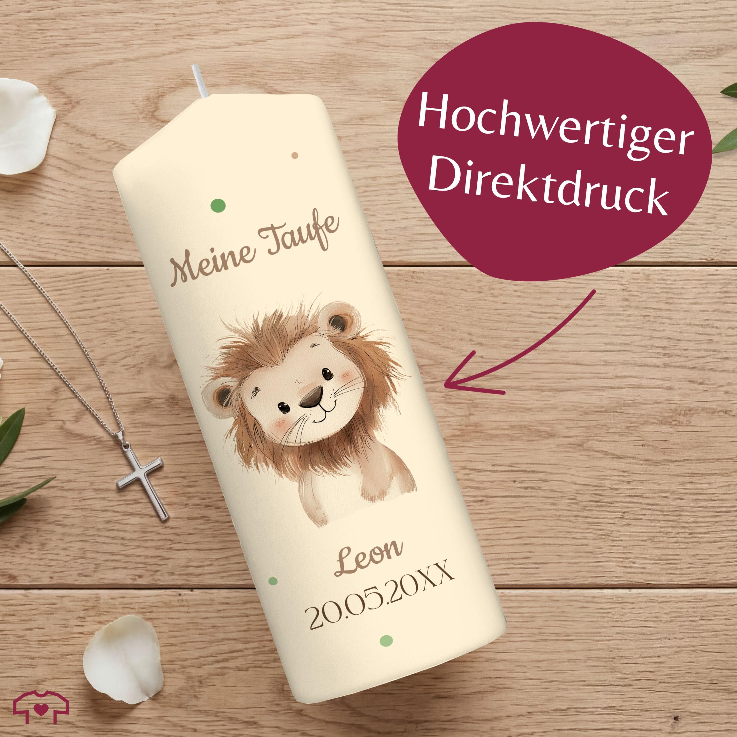 Taufkerze - Taufe - Löwe mit Name Datum Wunschtext - personalisierte Taufgeschenke für Mädchen und Jungen - 230/78 mm - Elfenbein