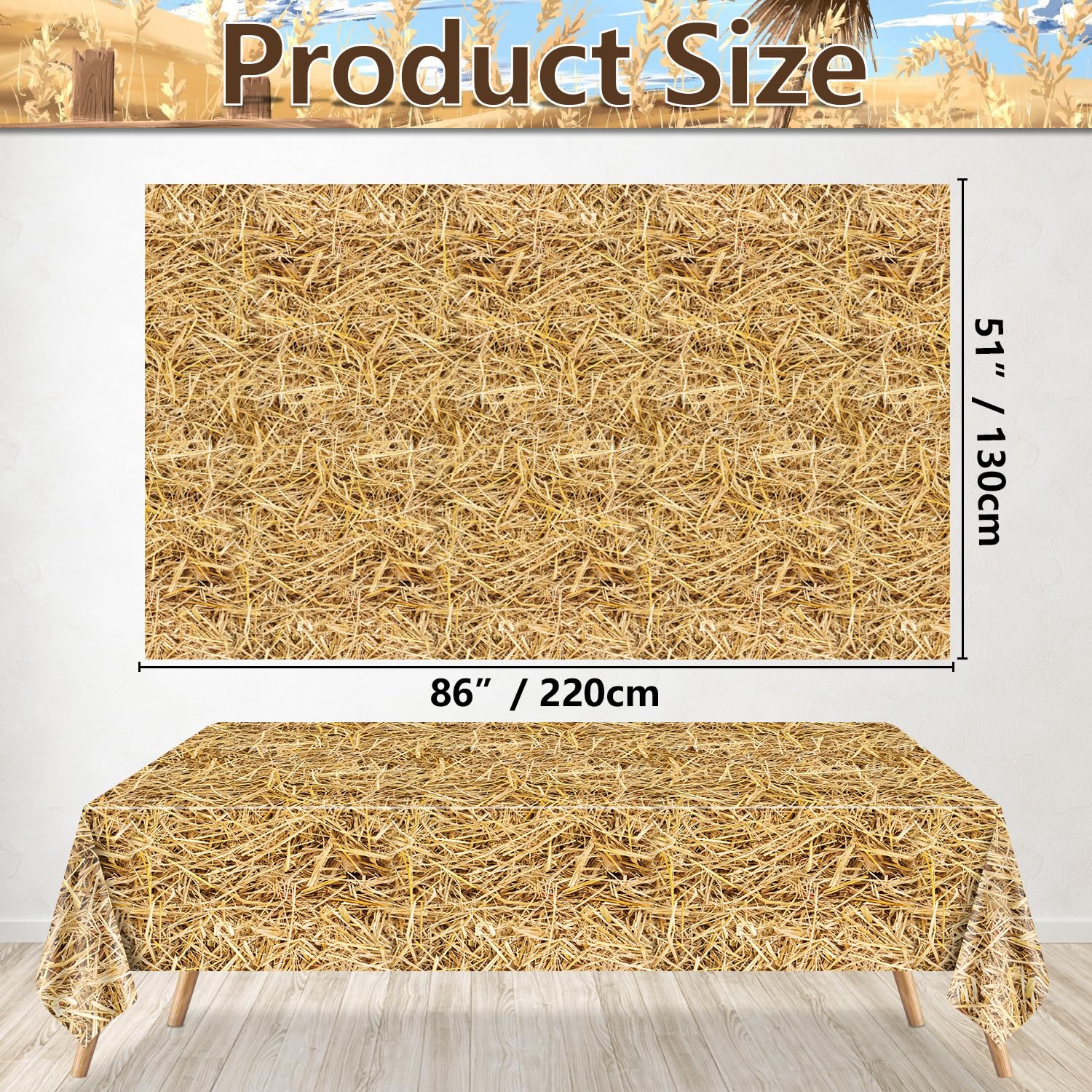 PTECDROTS 4 Pcs Straw Tablecloth Rectangular Straw Table Cover Waterproof Farm Table Cloth Hay Stacks for Farm Party Decorations Cowboy Western Theme Party Supplies - Image 2
