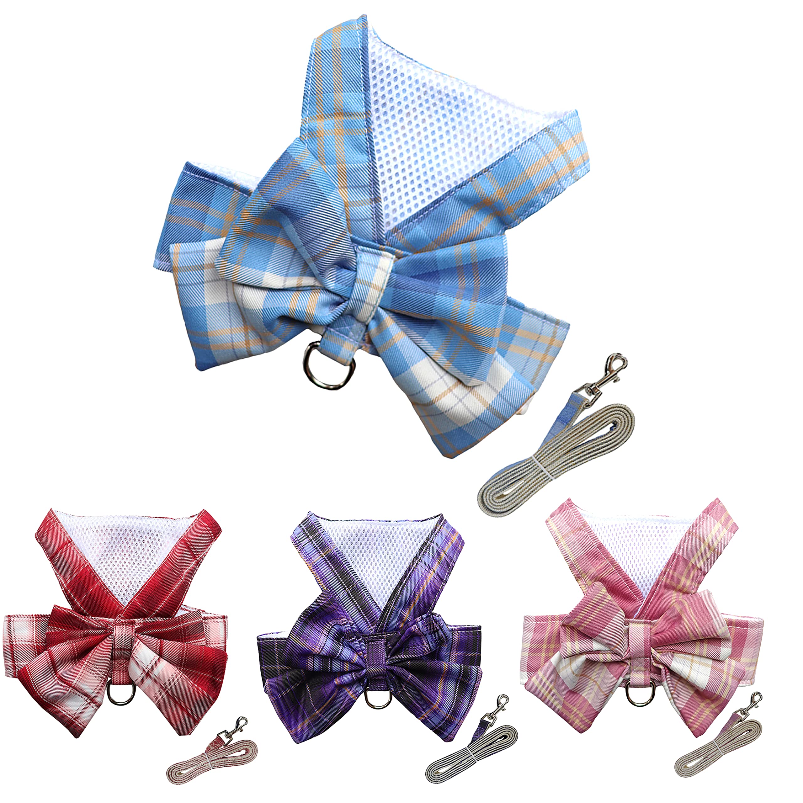 Petbuy Plaid Dog Dress Bow Tie Harness Leash Set,Dog Clothes Harness Dress with Leash Ring for Small Dogs Girl, Puppy Princess Rabbit Clothes