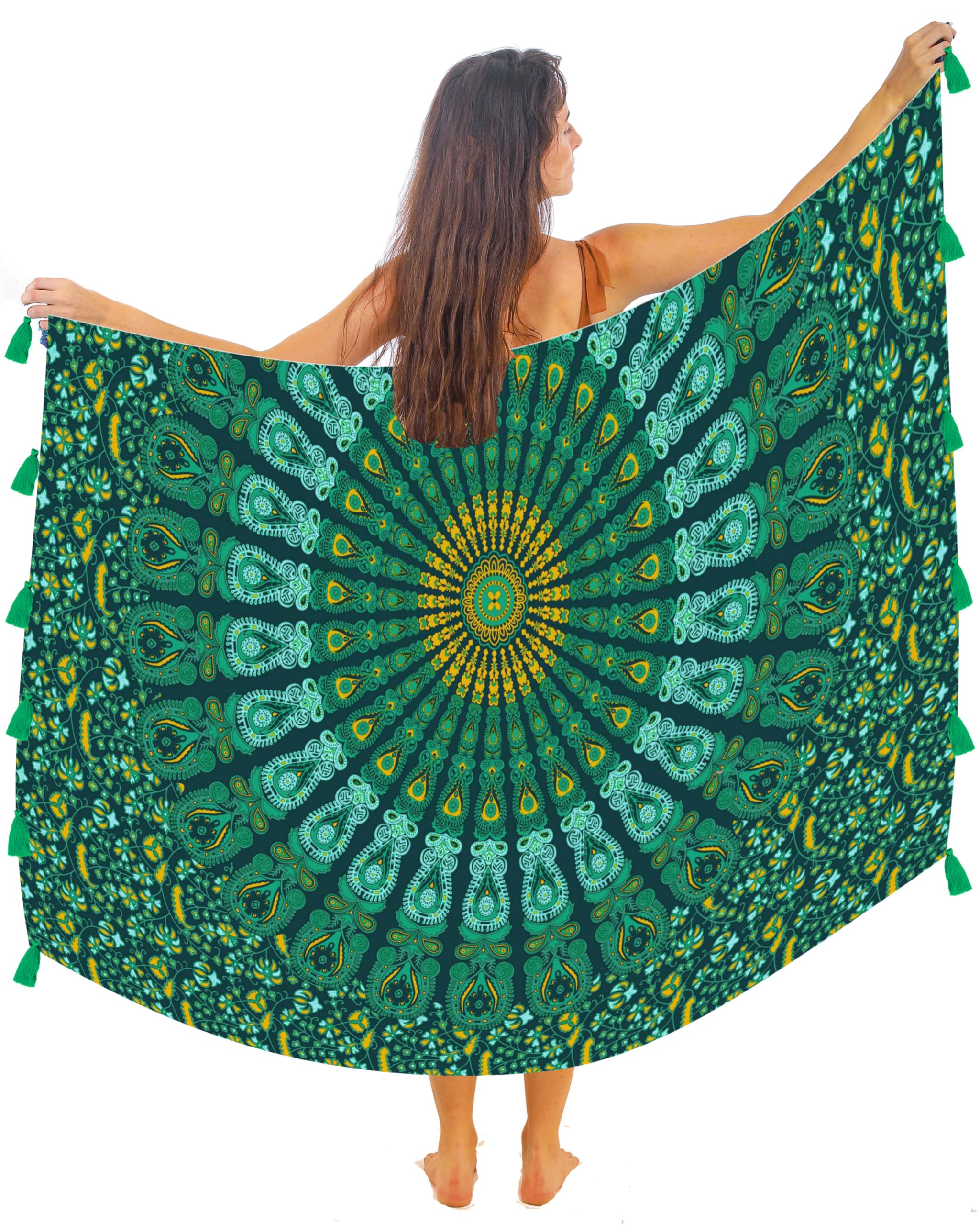 Boho Mandala Pareo Sarong Bikini Cover Up with Tassels – Super Soft Lightweight Cotton, Large Indian Peacock Print, Emerald Jungle Teal