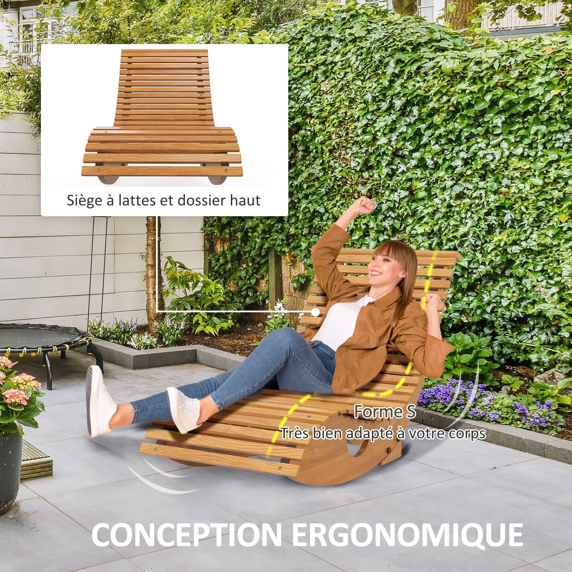 Outsunny Chaise à Bascule - Rocking Chair d'extérieur Jardin Ergonomique avec siège à Lattes et Dossier Haut en Bois dim. 130L x 60l x 60H cm