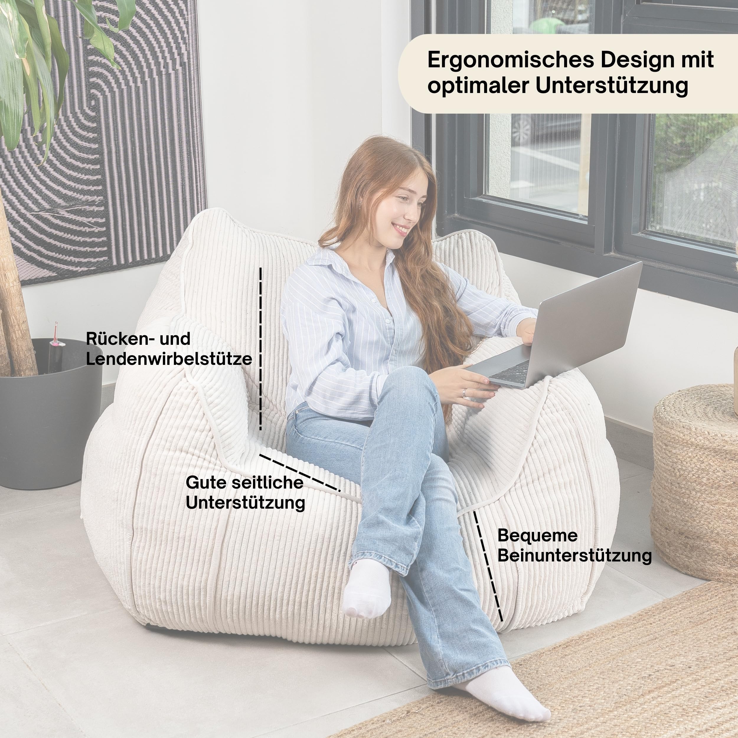 bananair - Lesesessel aus Breitcord - XXL Sitzsack Sofa mit Füllung für Kinder & Erwachsene - Perfekt für eine gemütliche Ecke im Wohn- oder Schlafzimmer (Gebrochenes Weiß)