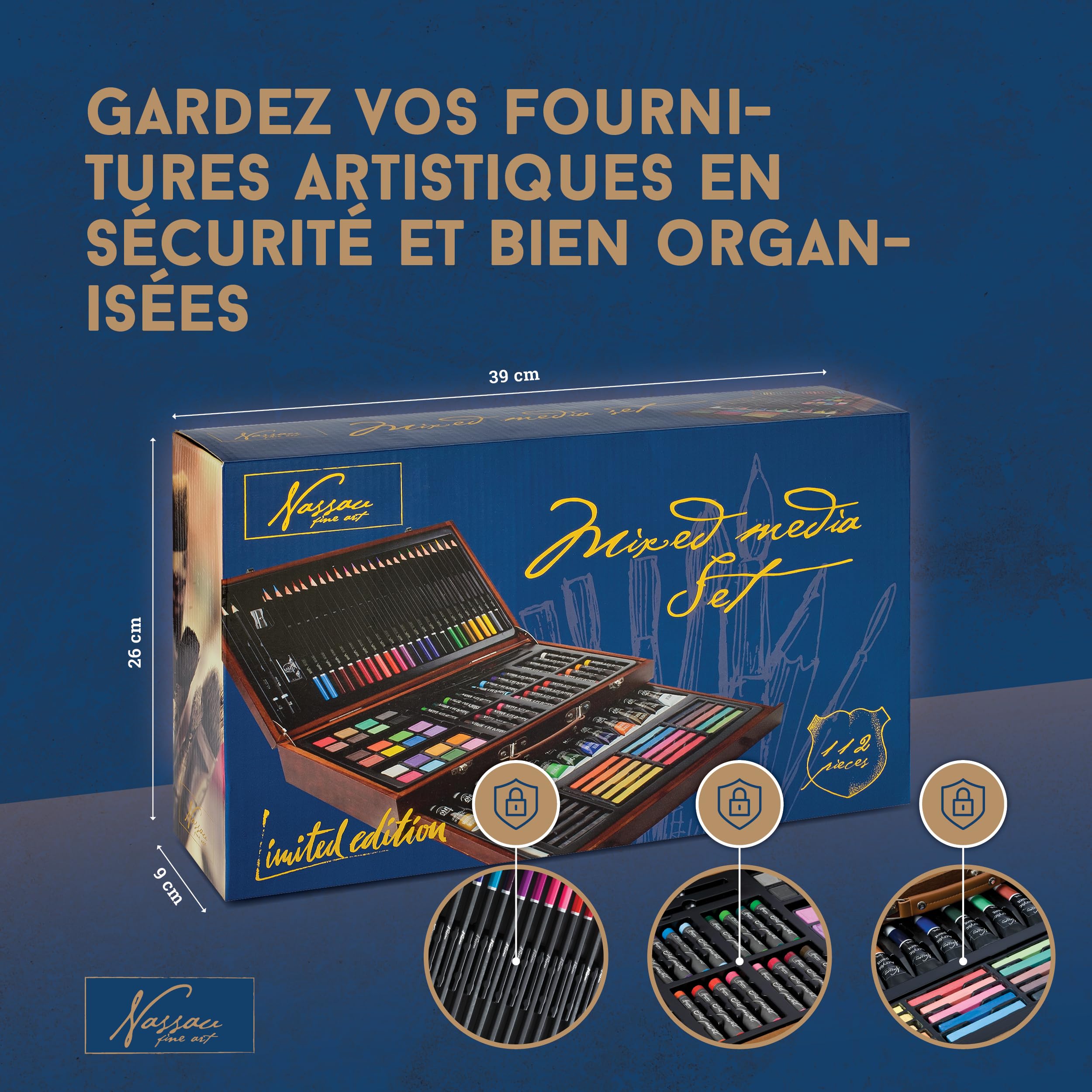 Nassau Fine Art Mallette de coloriage | Boîte à dessin d'art dans boîte de rangement en métal | Boîte de créativité pour enfants et adultes | Crayons de couleur, aquarelle, pastels | Loisirs, école et