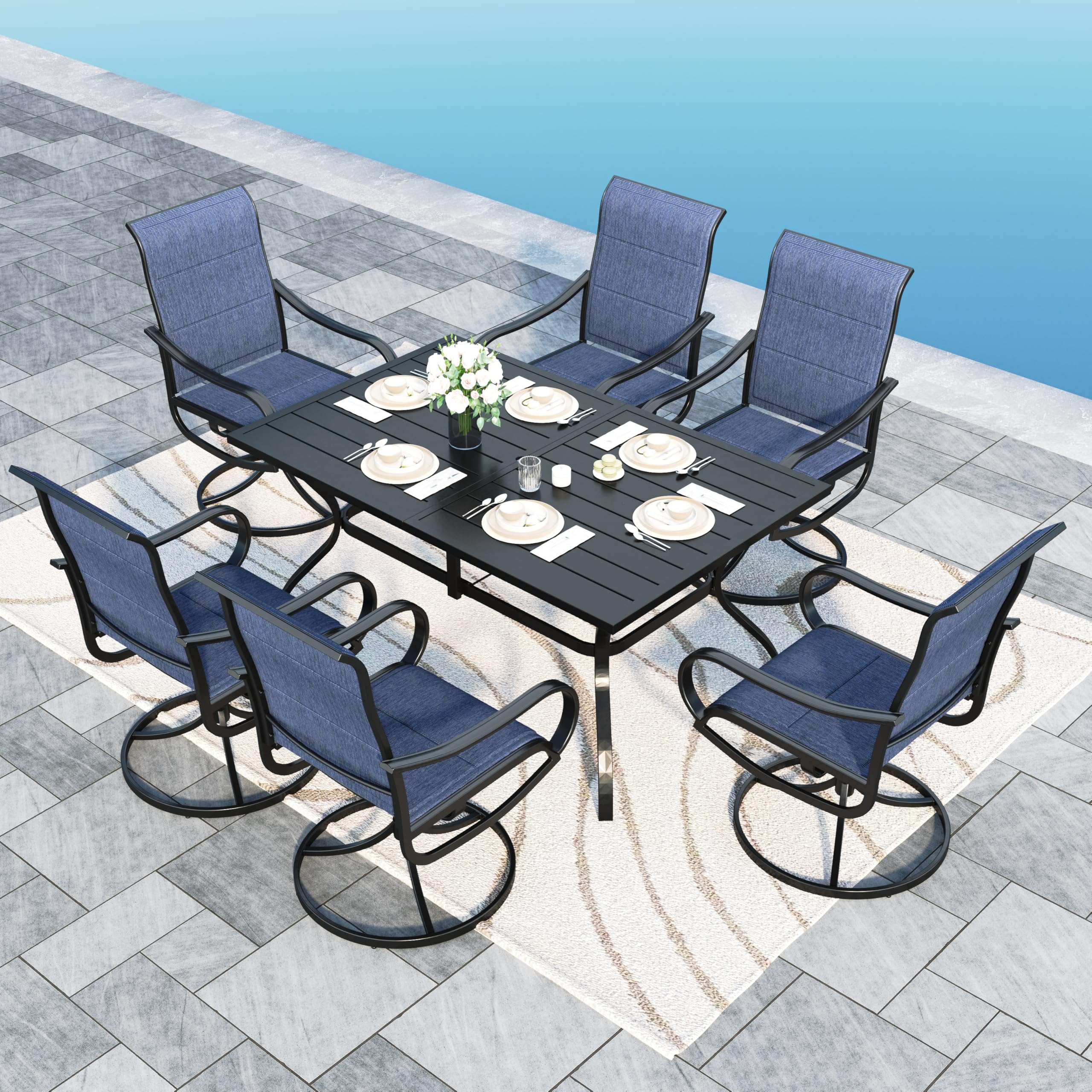 Sophia & William Patio Dining Set 7 Pieces Outdoor Metal Furniture Set, 6 x Patio Dining Swivel Chairs Padded with 1 Umbrella Dining Table for Lawn Garden (Blue)