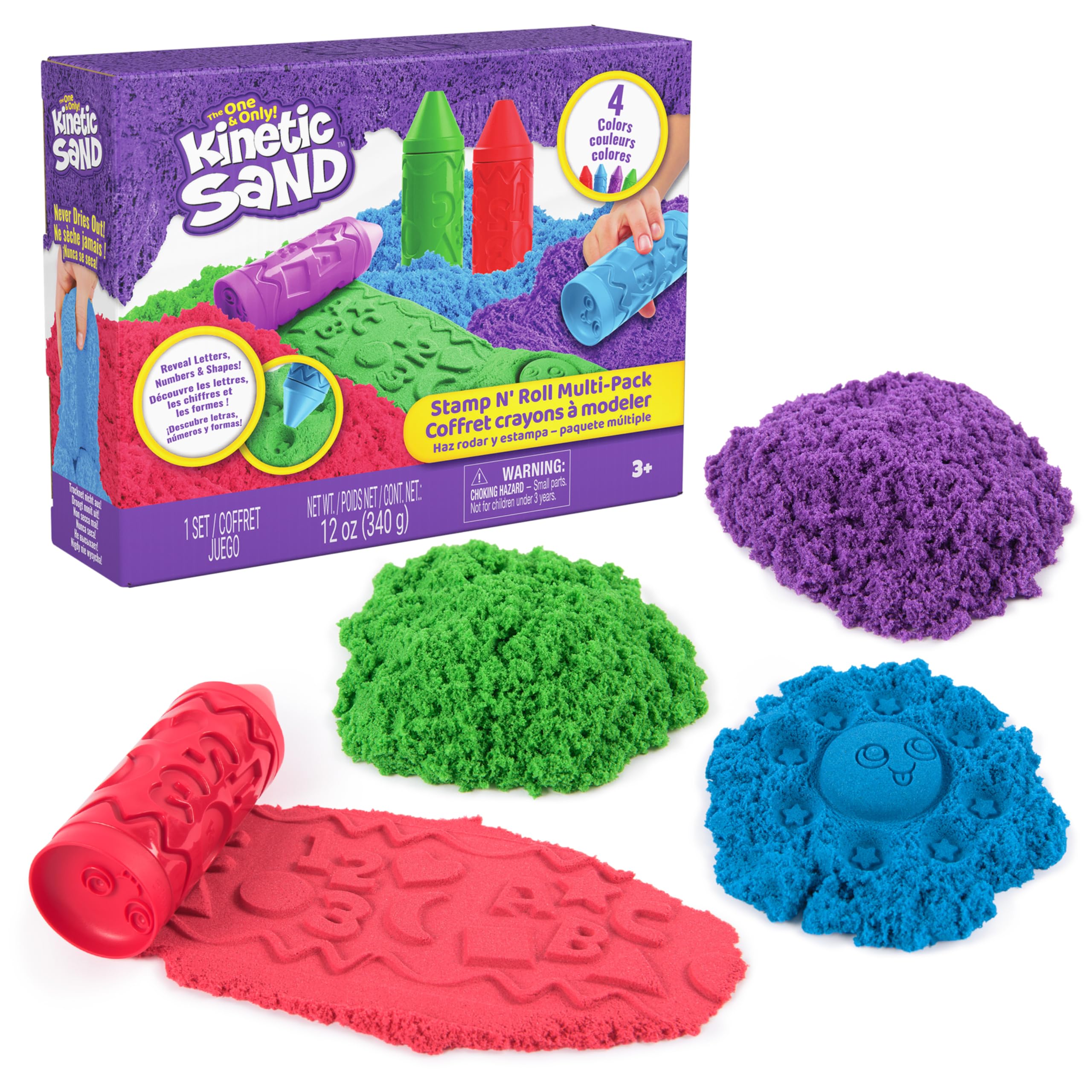 Kinetic Sand, Stamp N' Roll Crayon Multi-Pack, Easter Basket Stuffers, Includes 12 oz (4 Colors) Moldable Play Sand, Toddler Toys, Arts and Crafts for Kids