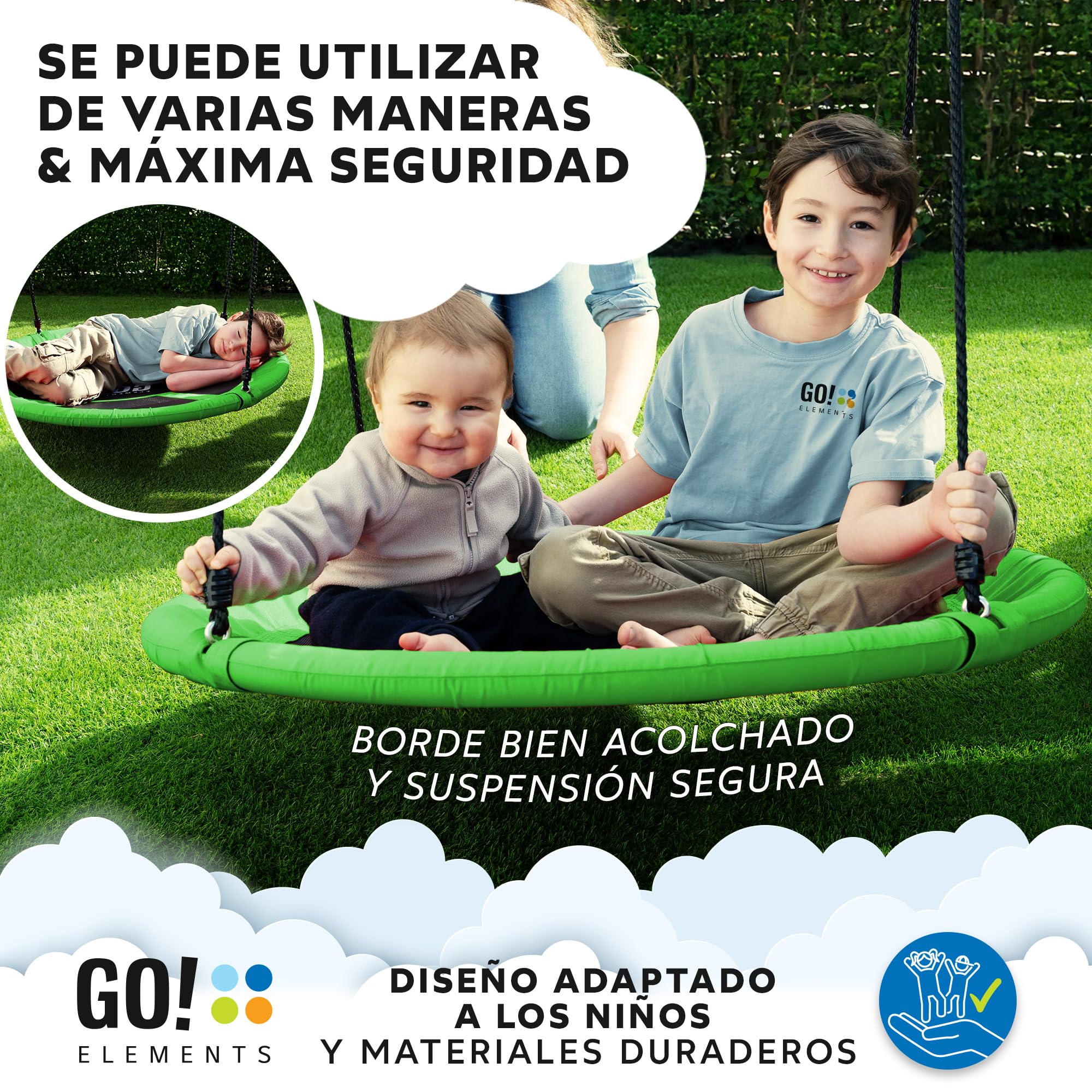 GO!elements Columpio Circular Nido | Jardín Redondo Ajustable en Altura para Niños y Adultos con Capacidad de Carga de hasta 150 kg. Tamaño: ø 100 cm, Color: Verde