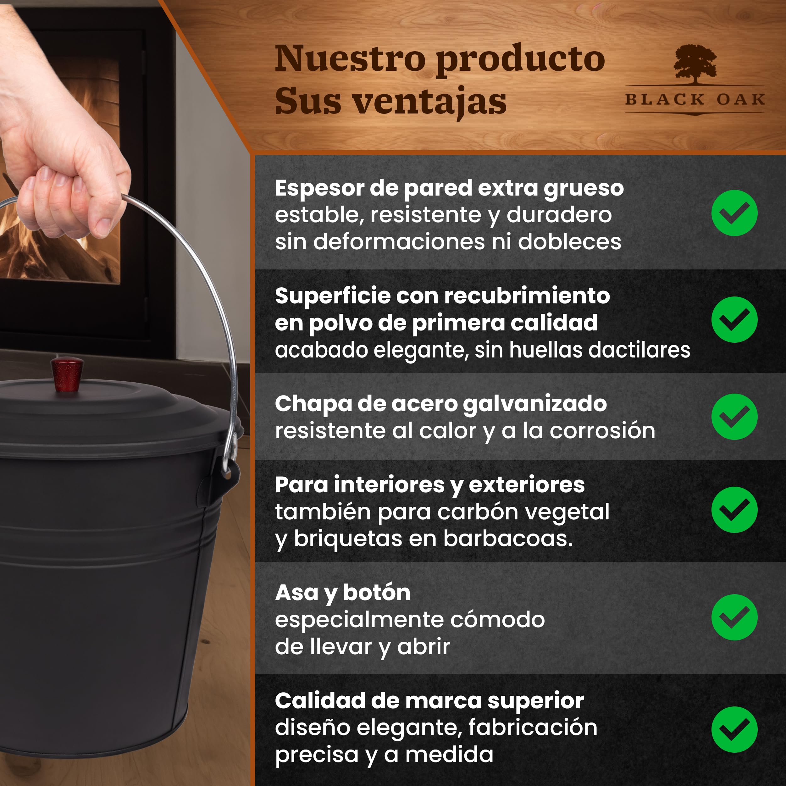 BLACK OAK KATLA - Cubo de cenizas (15 L, tapa negra con botón de madera, grande, 15 L, acero galvanizado, recubrimiento en polvo, cenizas y carbón, accesorio ideal para chimenea, estufa de azulejos,