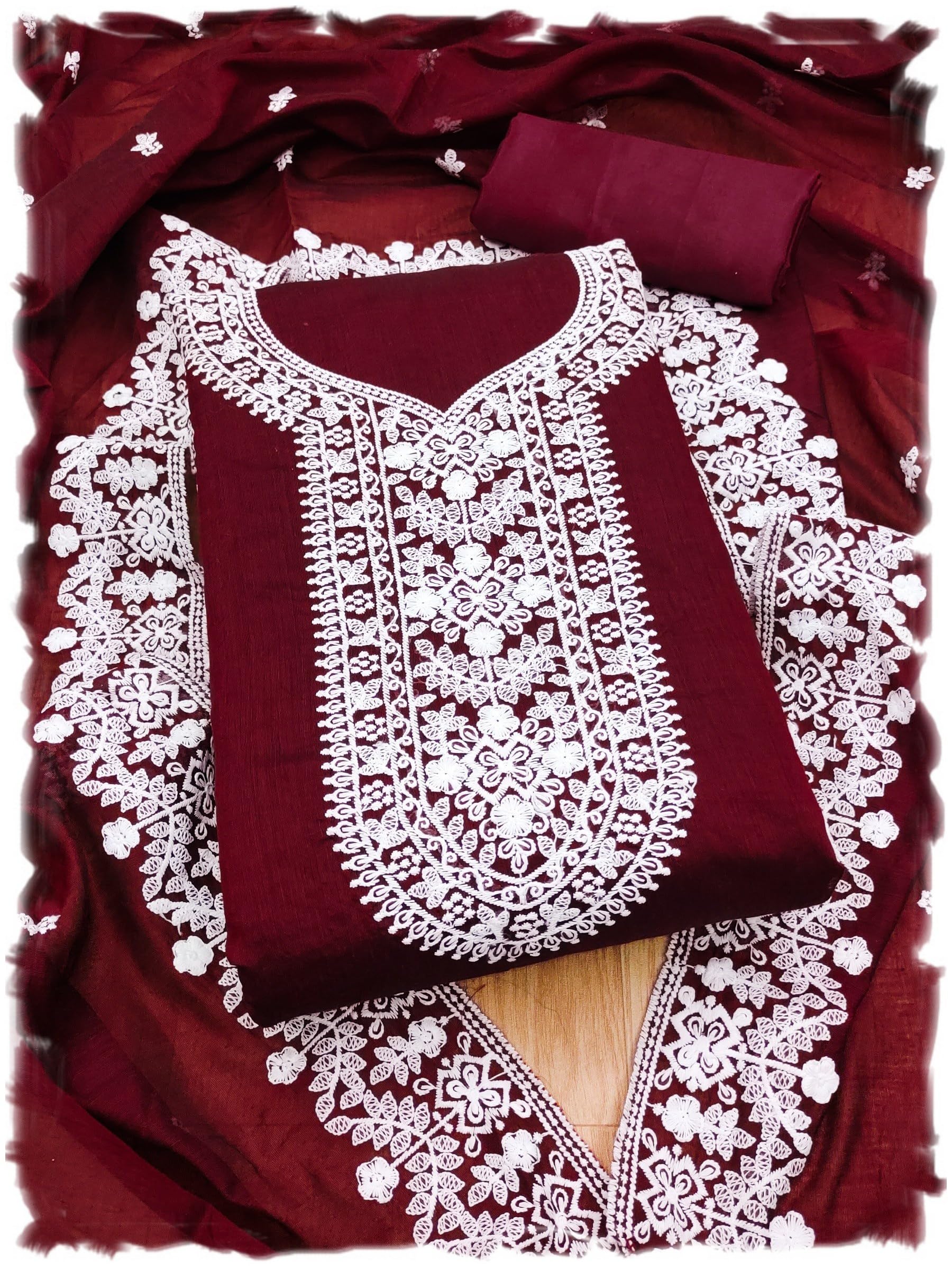 MC MANSI CREATIONWomen's Heavy Modal Embroidery Unstitched Salwar Suit Dress Material With Dupatta (Red & White) - MCMA_Gujarat