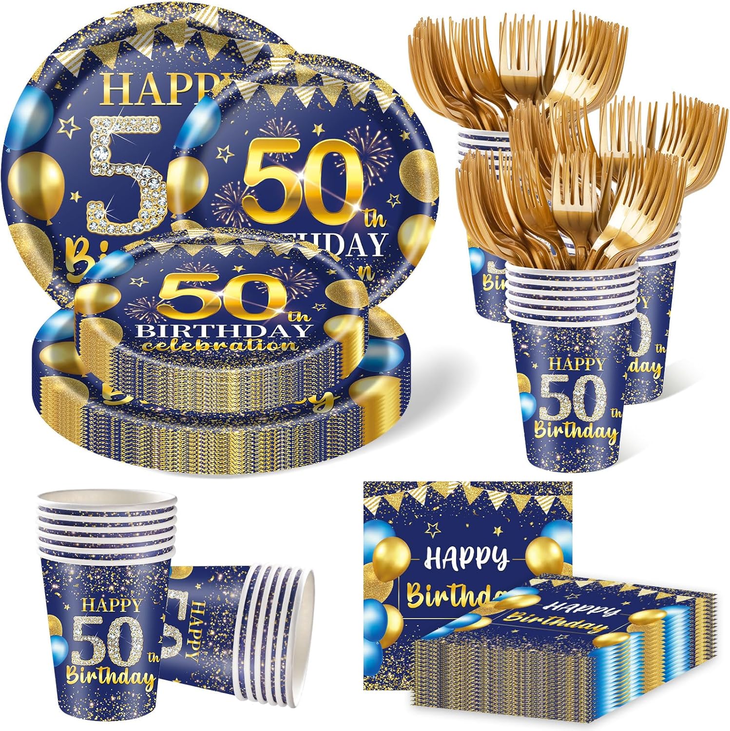250PCS 50th Birthday Party Decorations for 50 Guests Blue and Gold Party Supplies for Men Include Disposable Paper Plates, Napkins, Cups, and Disposable Plastic Cutlery (50)