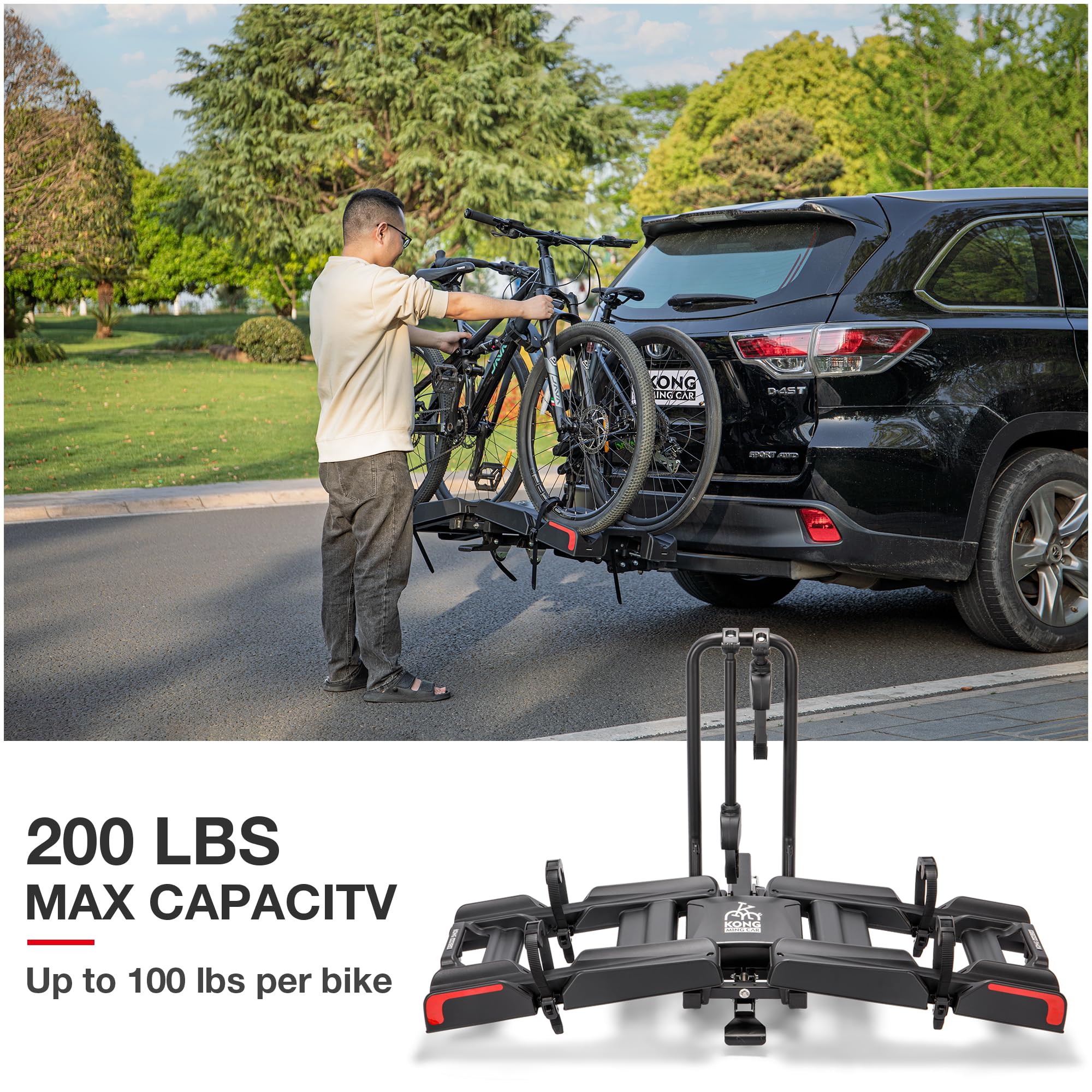 Portabici per Gancio Ebike KONG MING CAR 90 Kg di Capacità - Portabici Pieghevole e Inclinabile per Biciclette con Pneumatici Fino a 12,7 cm di Larghezza per Attacco da 5 cm su Auto, SUV, Camion