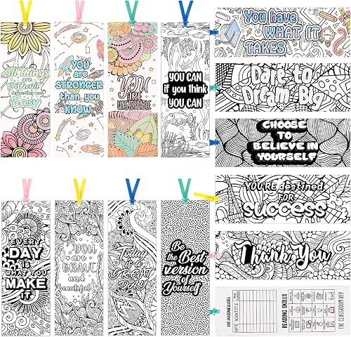130 Pieces Inspirational Bookmarks for Kids, DIY Coloring Bookmarks Double-Sided Motivational Page Markers Clips for Kids Students Teachers Reading Book Lovers Supplies Party Favors