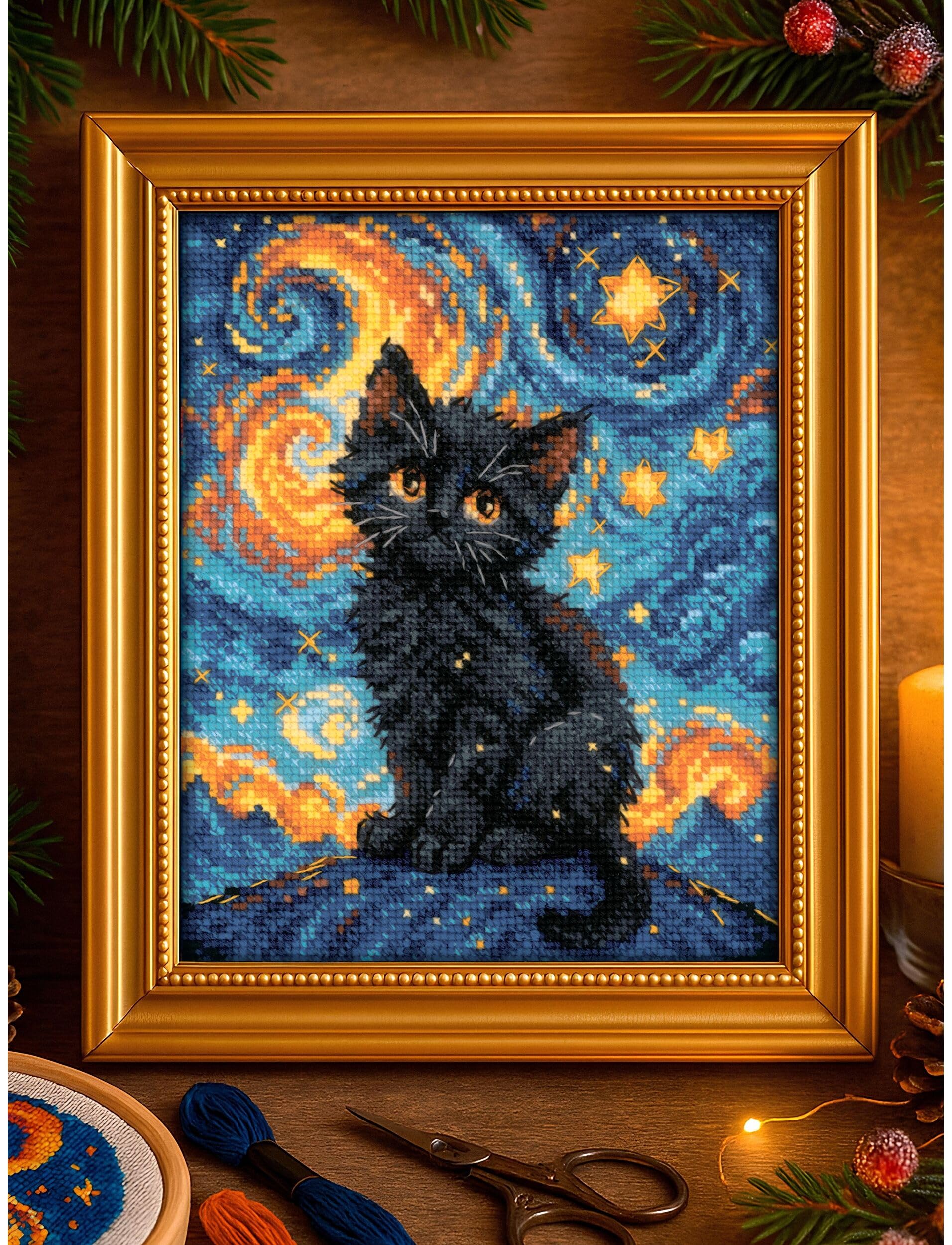 Riolis Multi-Coloured Kreuzstich Stickpackung Starry Cat, Zählmuster, 15X18cm