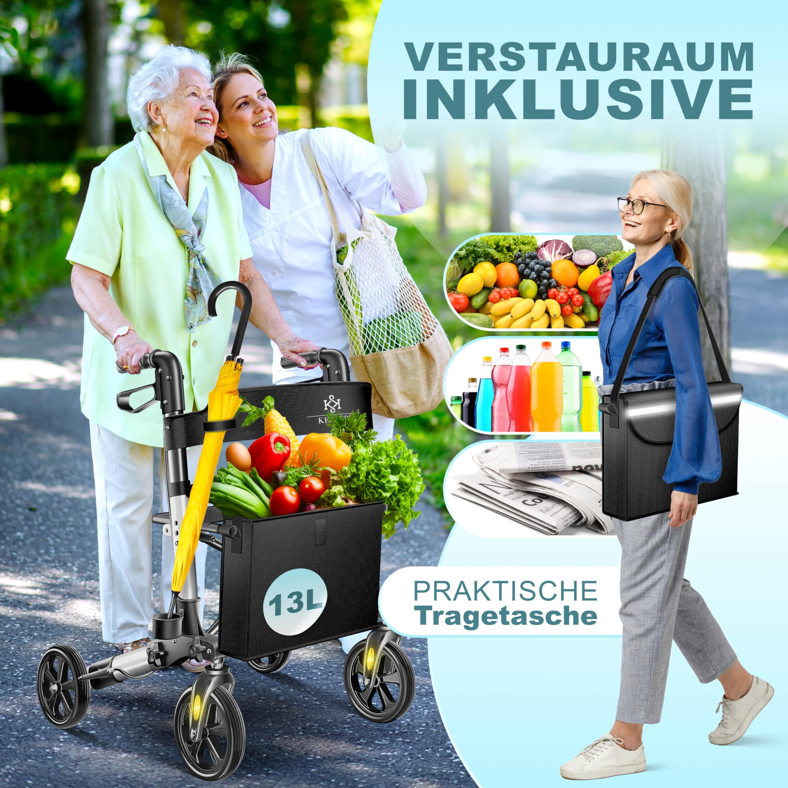 KESSER Leichtgewicht Rollator faltbar mit Sitz, Griff, Tasche, schmal für Senioren Wohnung, Klappbar, Höhenverstellbar, Reflektoren | All Gelände Reifen Indoor-& Outdoor, Gehhilfe, Laufhilfe, Schwarz