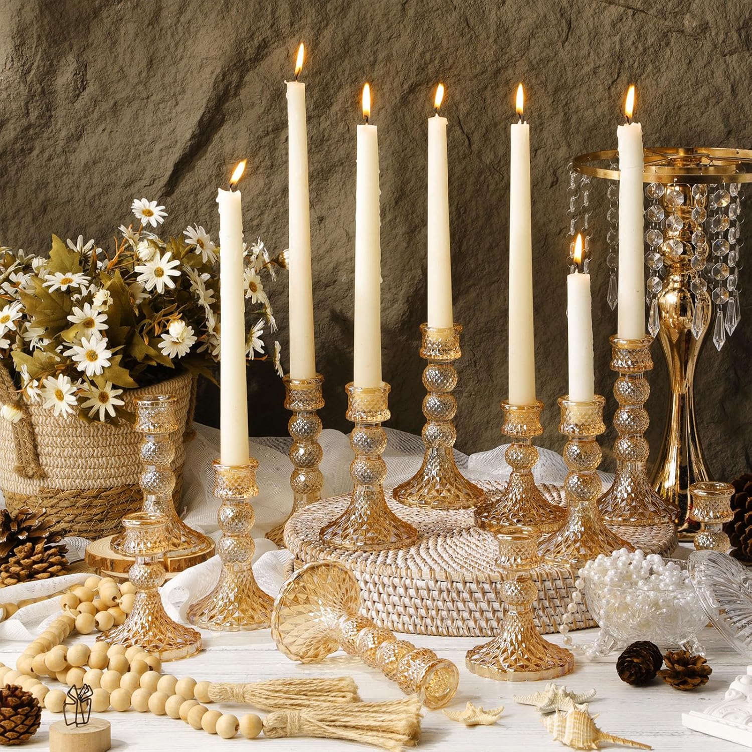 Mumufy 24 Pack Glass Taper Candle Holders Candlestick Holder Fit 0.8 Inch Candles 4'' 5'' 6'' 8'' Tall Crystal Decorative Candlestick Stand Centerpiece for Table Wedding Dining Party (Gold)