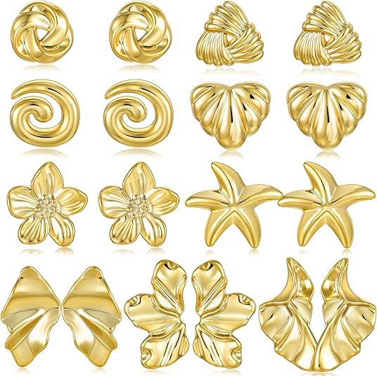9 Pairs Gold Stud Earrings Set for Women,Hypoallergenic Lightweight Large Earring Trendy, Chunky Gold Statement Earrings for Women Jewelry
