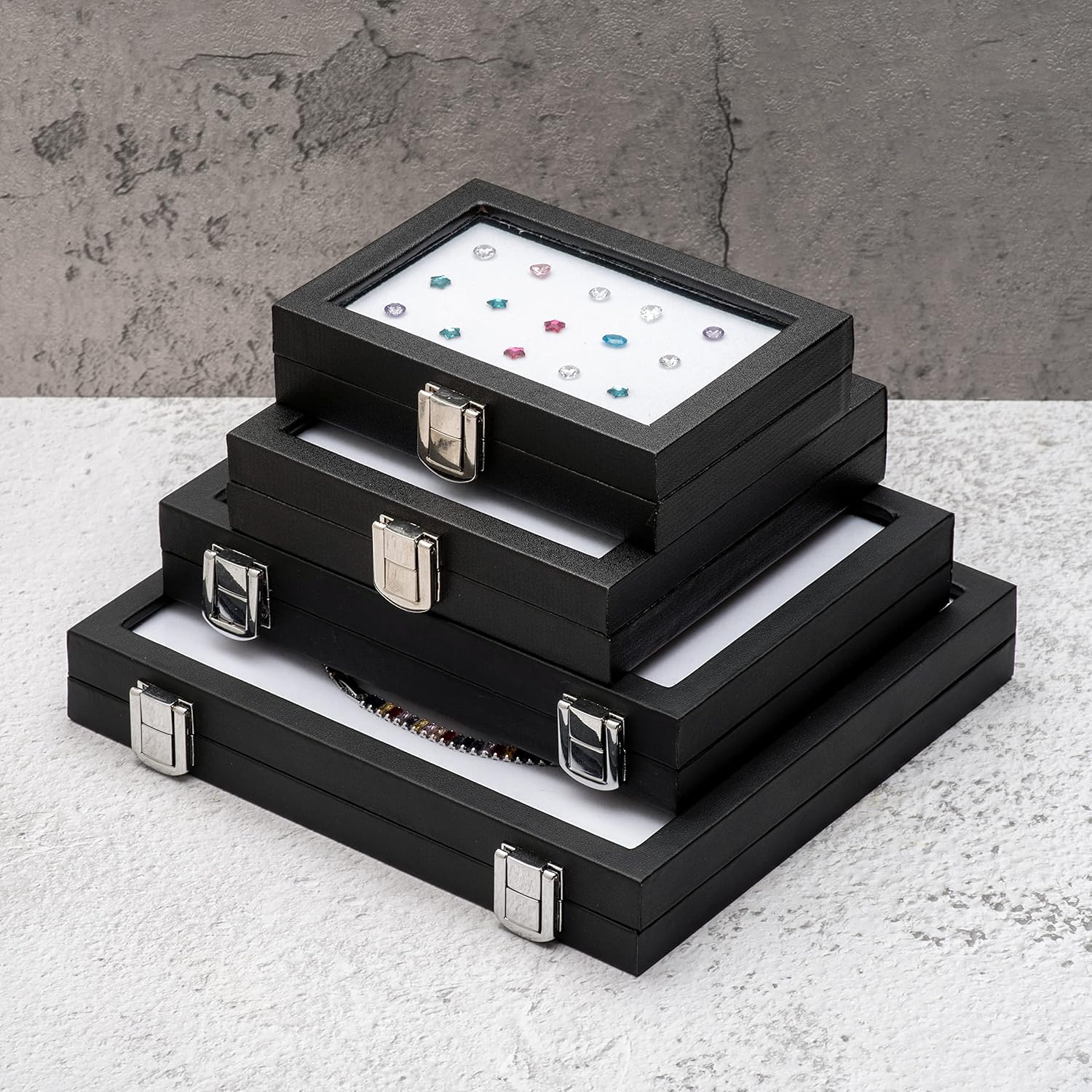 Jewelry Display Case Tempered Glass Top Lid Black Leatherette,Gemstone Display Case Jewelry Storage Box with Metal Clasp (Large)