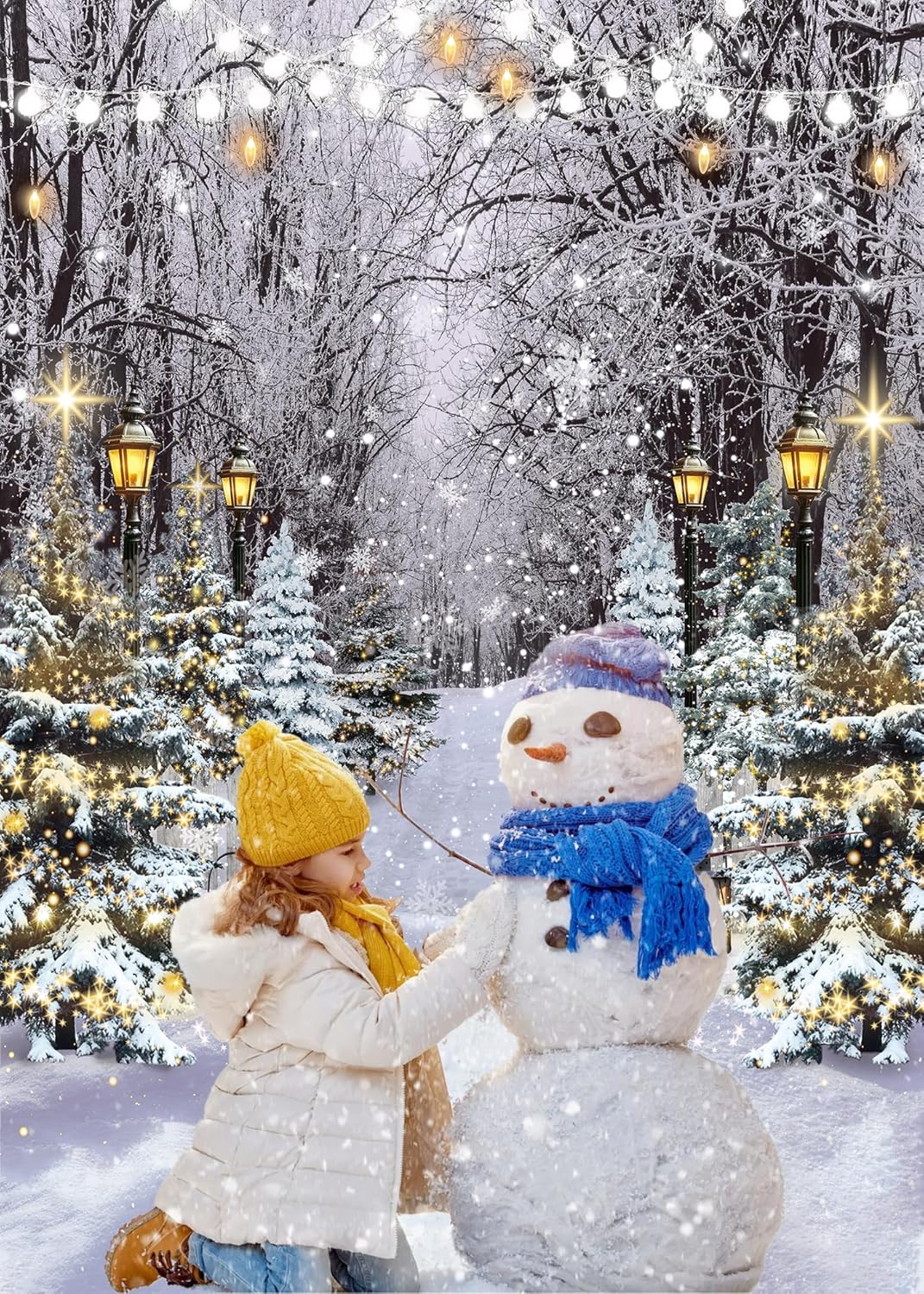 Winter Wonderland Scene Backdrop 8x10FT Winter Snowflake Christmas Tree Forest Scene Photography Background Snowy Xmas Party Decorations Supplies Photo Props