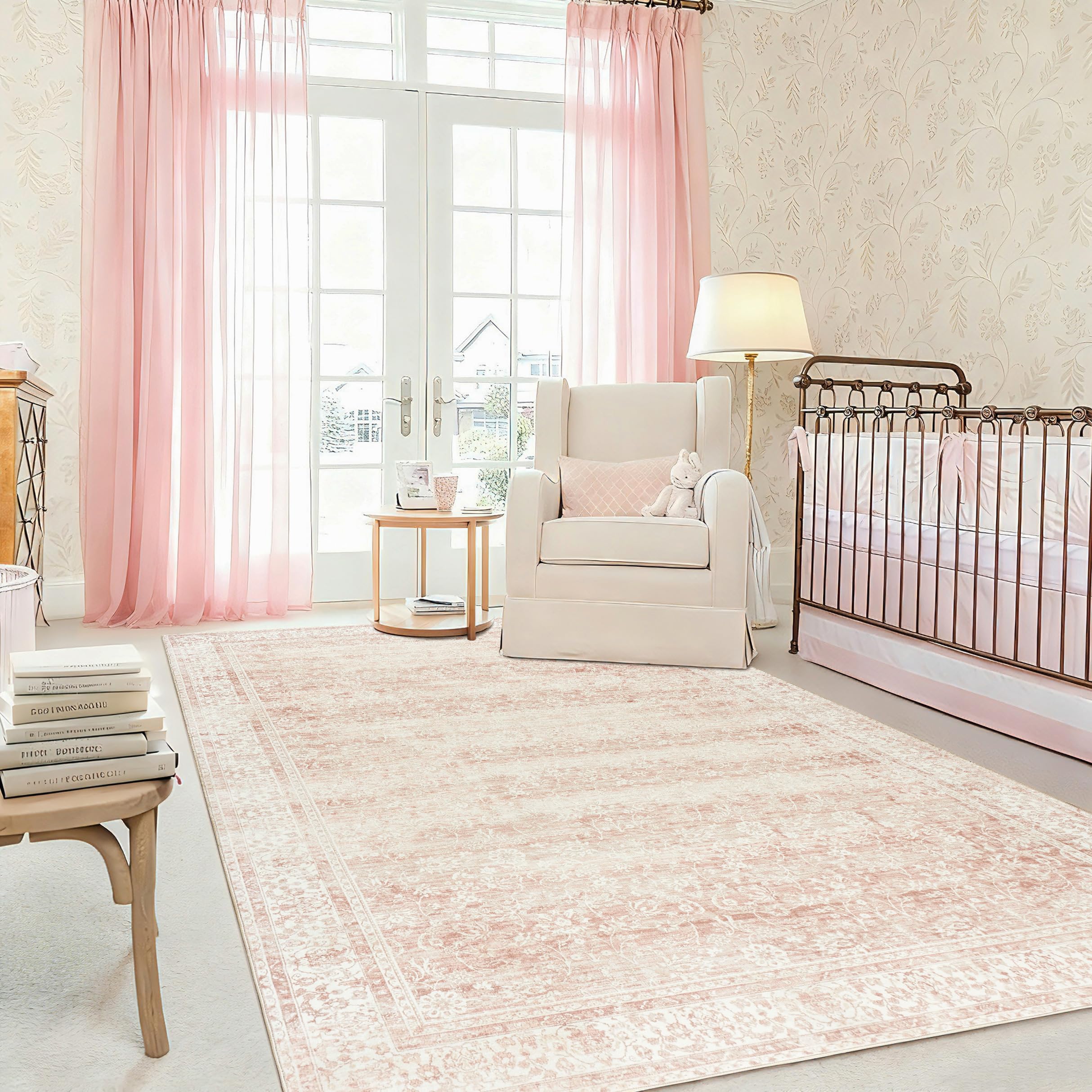 Floral Area Rug Classic Design 8x10 Distressed Pink Rug Non Slip Washable Multi Rug for Kitchen Living Room Bedroom Room Dining Room โ image 1