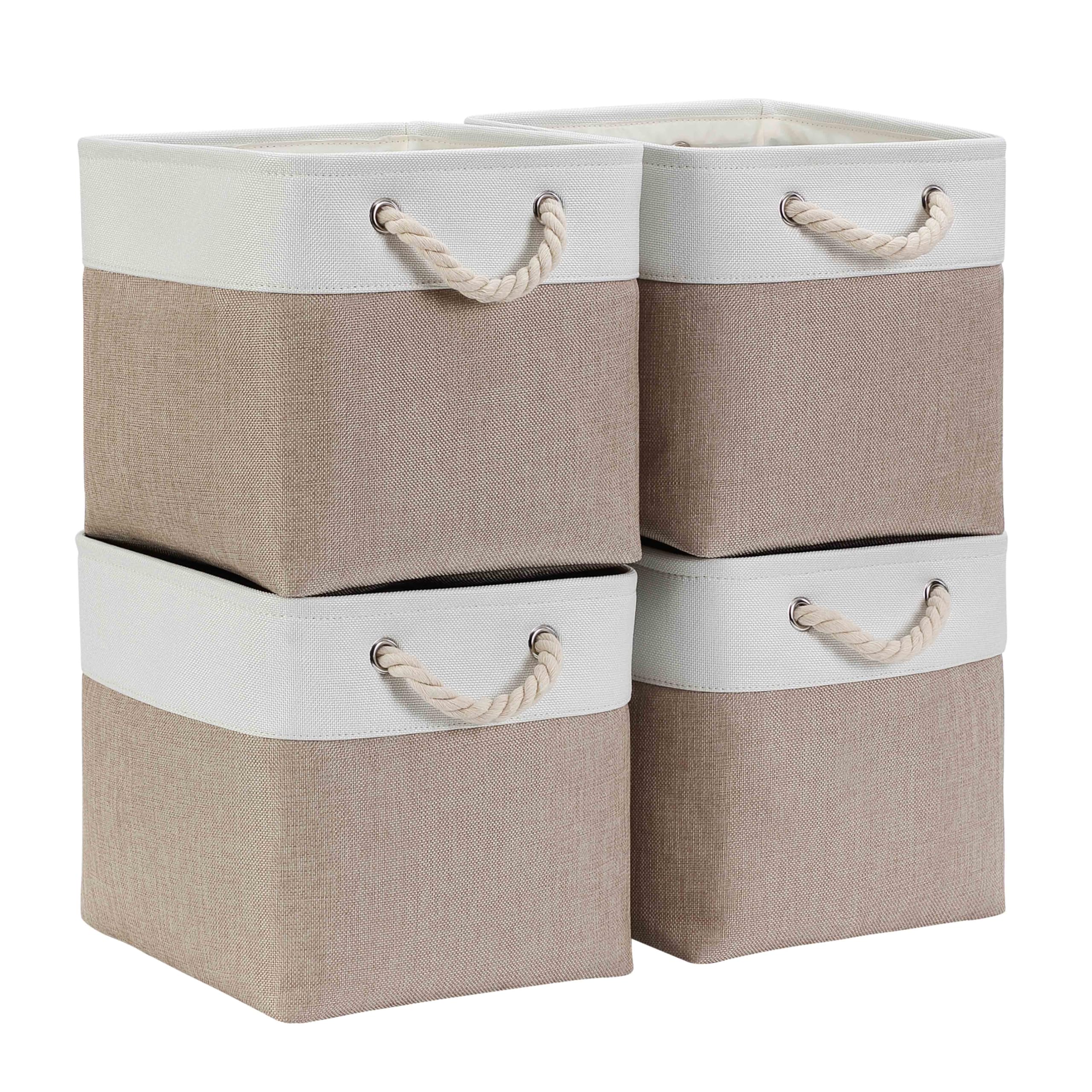 Mangata Cube Storage Boxes 25x25x25cm, Fabric Storage Basket for Cupboards, Shelves, Closet, Light Khaki White?Collapsible, 4 Pack?