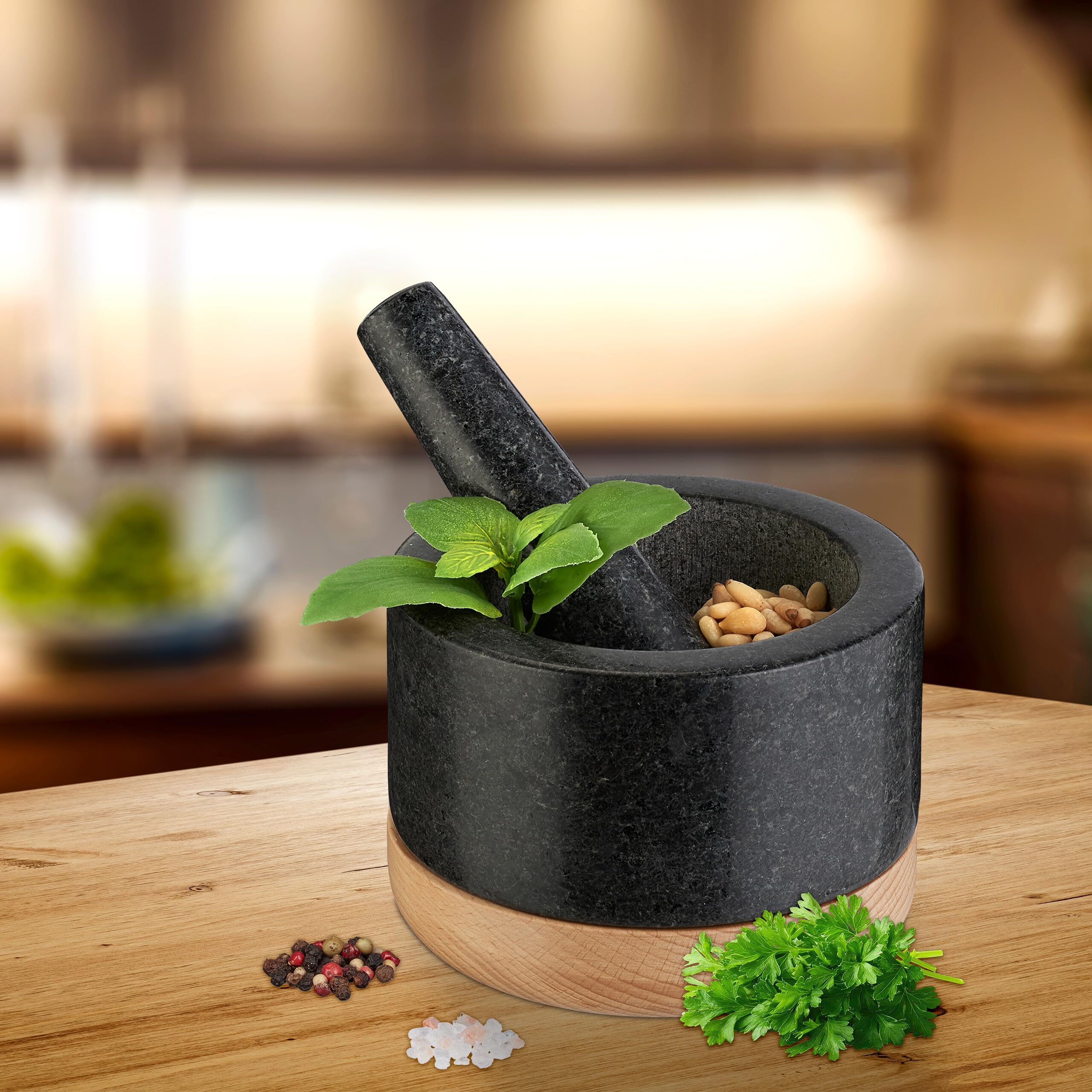 Relaxdays Mörser mit Stößel, Holzuntersetzer, Granit, HxD: 8,5 x 14 cm, Steinmörser, Gewürze & Kräuter, schwarz/natur