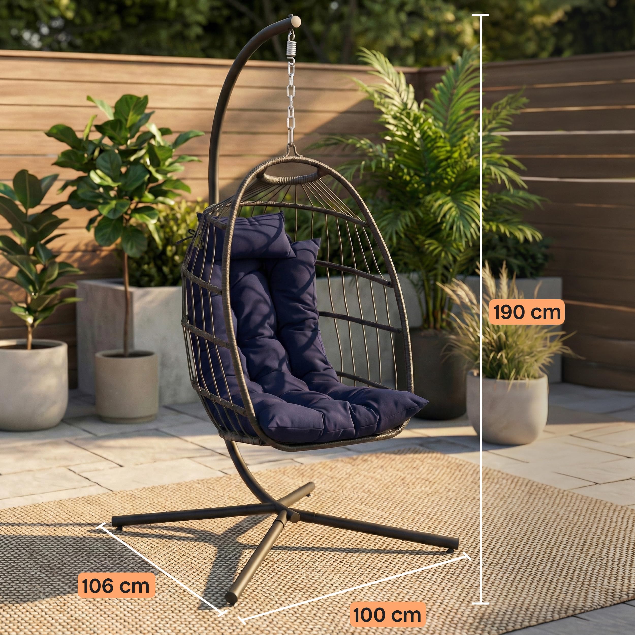 SereneLife Sedia a Dondolo a Uovo con Supporto, Capacità Fino a 250 Kg, Sedia Sospesa Poltrona a Dondolo in Rattan con Struttura in Acciaio Verniciato a Polvere per Casa e Giardino con Cuscino