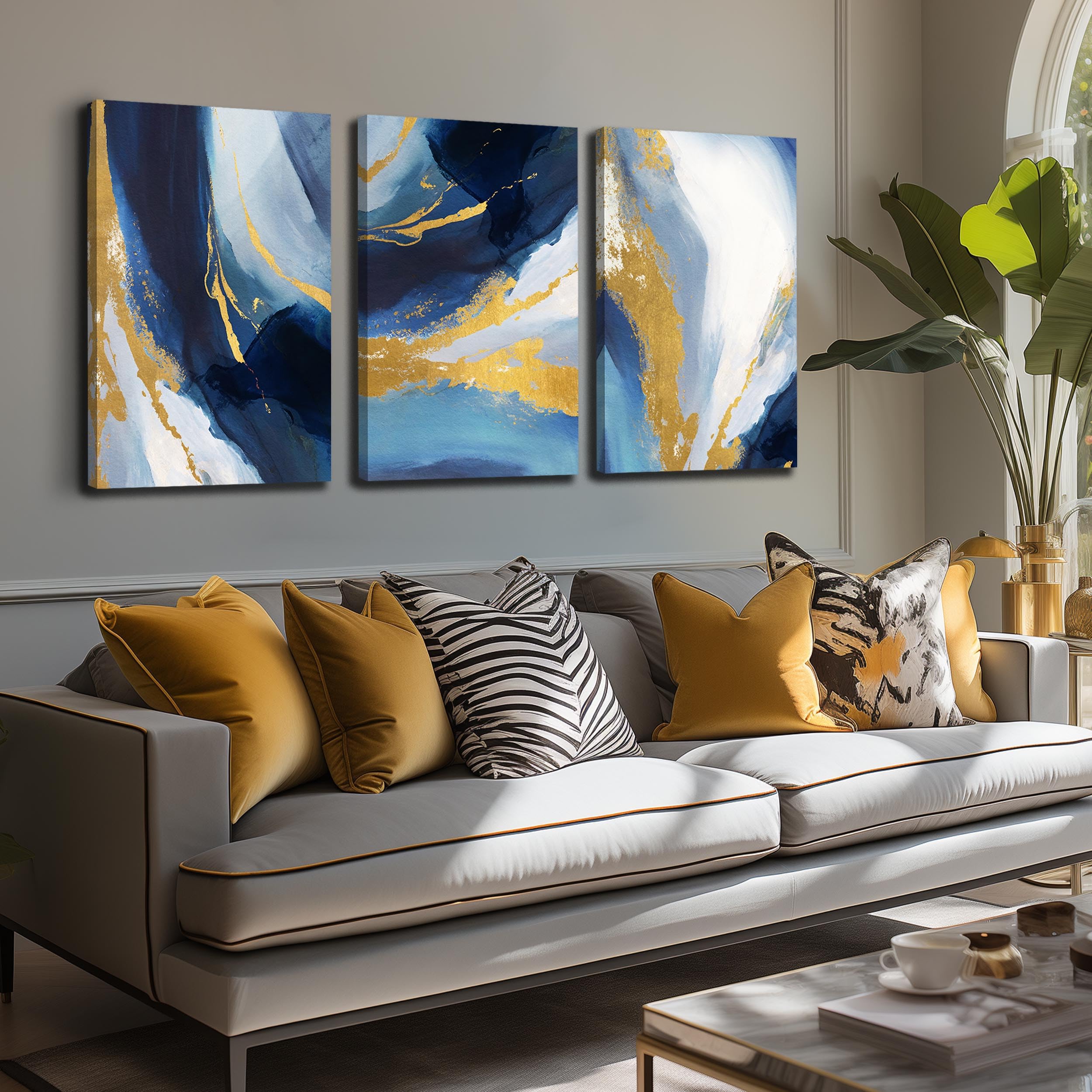 DNIEOTU Abstract Canvas Wall Art for Living Room, Blue and Gold Picture Prints Wall-Decor for Bedroom, Size 16 x 24 Inches 3-Pieces