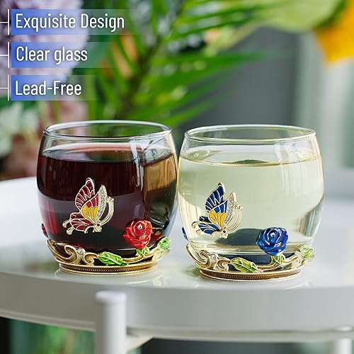 Miniatura 3 de BTT- Juego de 2 copas de vino sin tallo, 10 onzas, rojo/azul, diseño de mariposa y flor con caja de regalo, copas de vino florales, aptas para