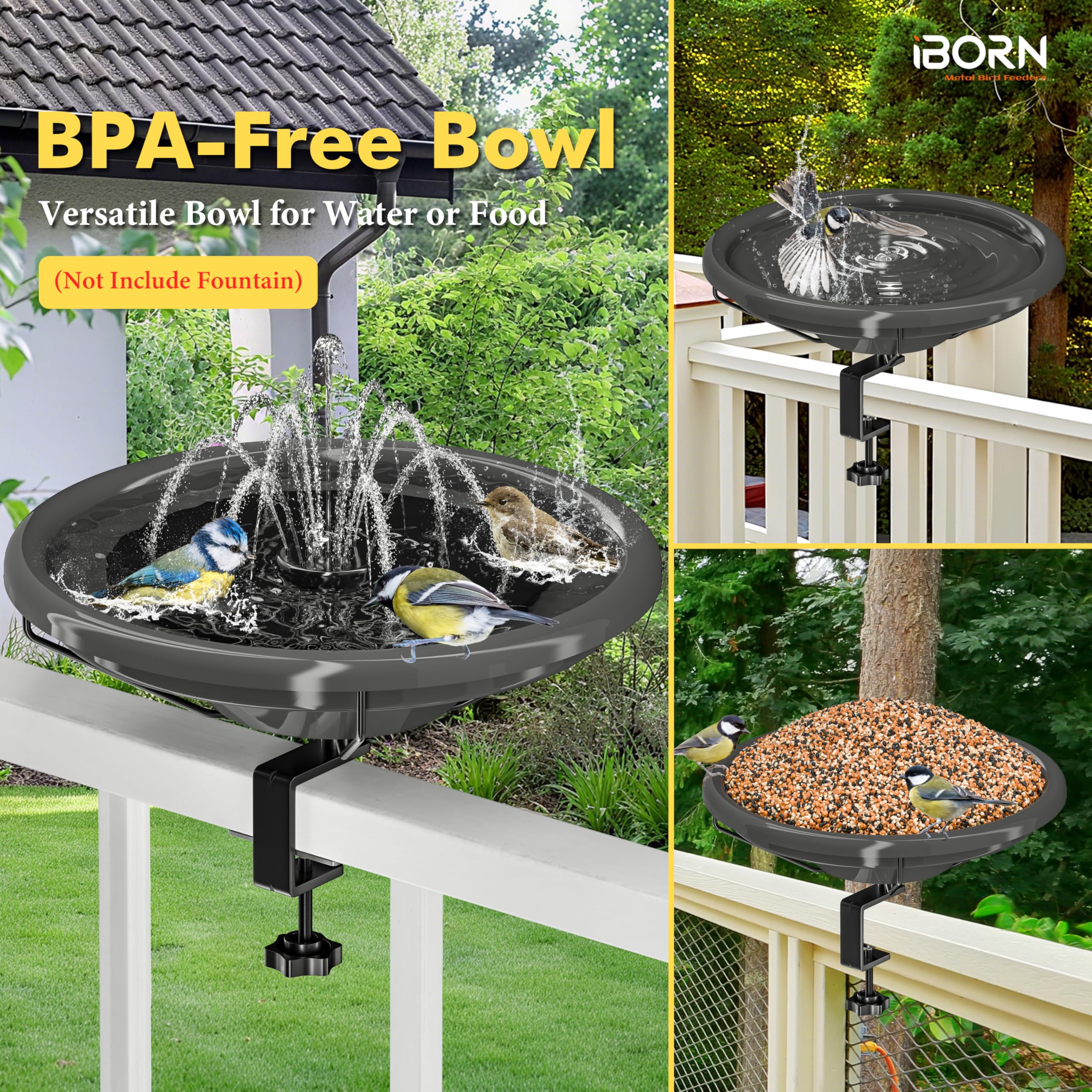 iBorn Bird Bath,Deck Mounted Bird Baths 12inch,Birdbath for Outside with Clamp 3.2inch,BPA-Free Bowl,Chew-Proof,Fully Detachable Design,Easy Clean & Refill,Gray,1 Pack(Not Include Fountain) - Image 4
