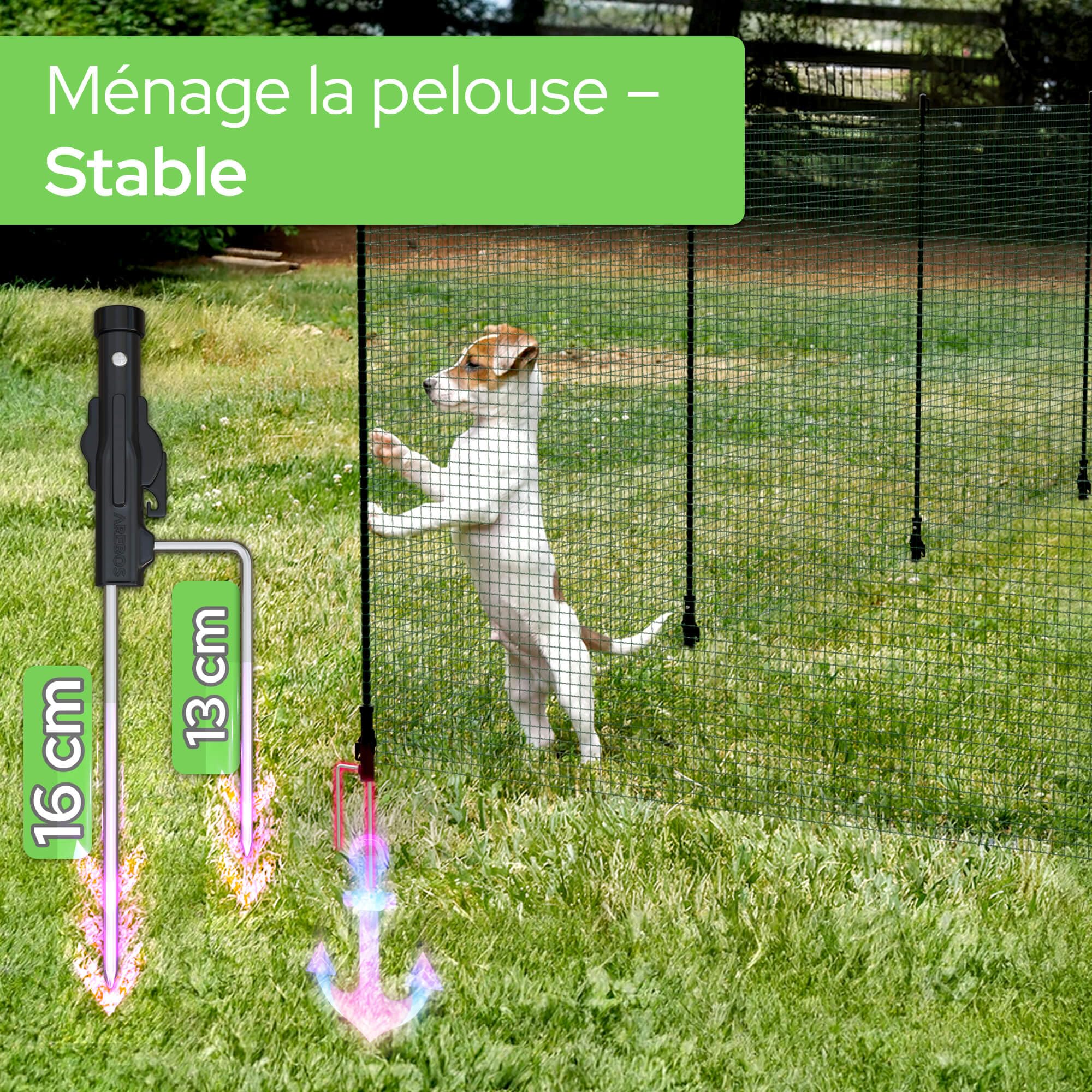 Arebos Clôture mobile 20 m | Filet de clôture 90 cm de hauteur avec 15 poteaux | Clôture de jardin flexible pour chiens, poules & petits animaux | Résistante aux intempéries