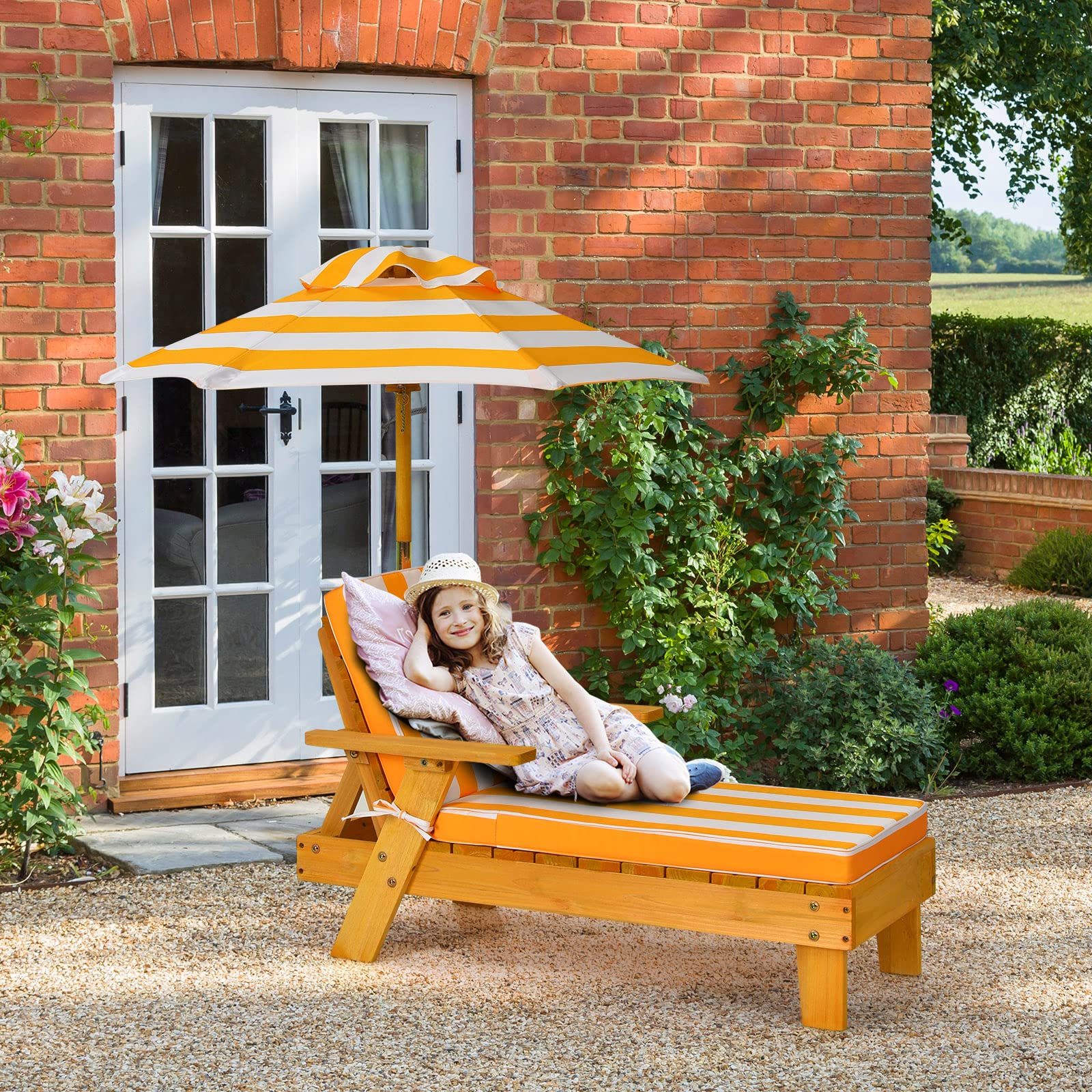 KOMFOTTEU Tumbona Infantil con Sombrilla, Silla Reclinable de Madera Maciza con Cojín para Niños, Sillón de Jardín para Baño de Sol con Carga 50 kg, Mueble de Playa, Balcón, Piscina, 92 x 49 x 106 cm