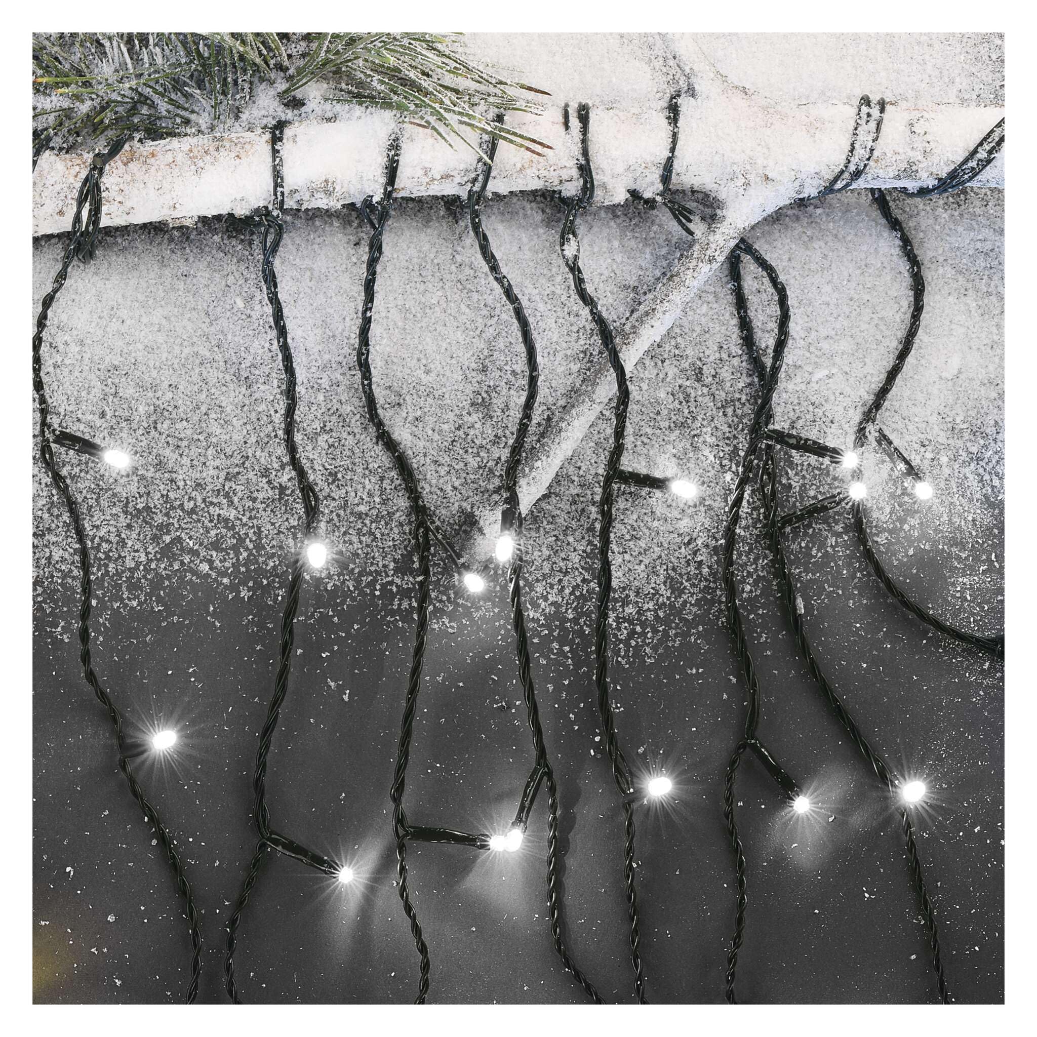 EMOS LED-Eisregen Lichterkette, 10m Weihnachtslichterkette + 5m Zuleitung, 600 LEDs, 8 Lichtmodi, Netzteil mit Timer 6h/18h, IP44 für Innen und Außen, Kaltweiß