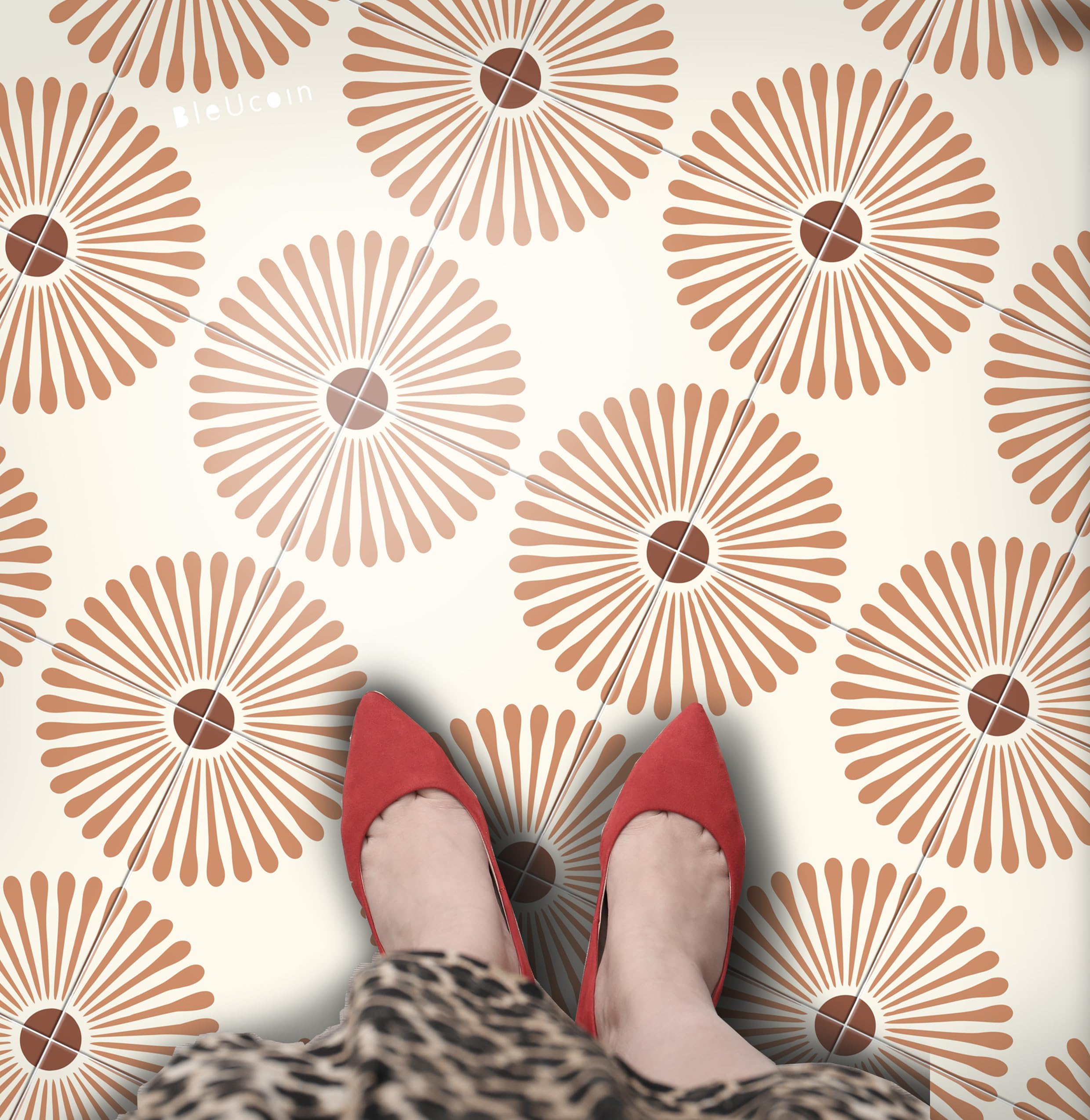 Kawasaki Terracotta Bleucoin Peel and Stick Floor Tiles Anti-Slip Vinyl Decals for Home, Kitchen, Bathroom Water Resistant DIY Renter-Friendly