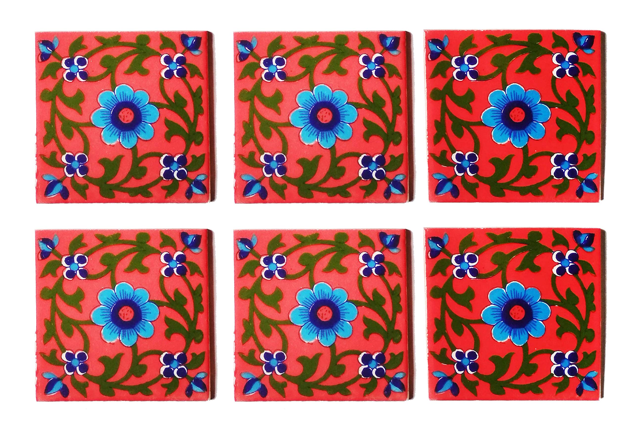 SHIV KRIPA Blue Art Pottery Decorative Ceramic Floral Tiles (4 X 4 INCH/Pack of 6 Tiles)